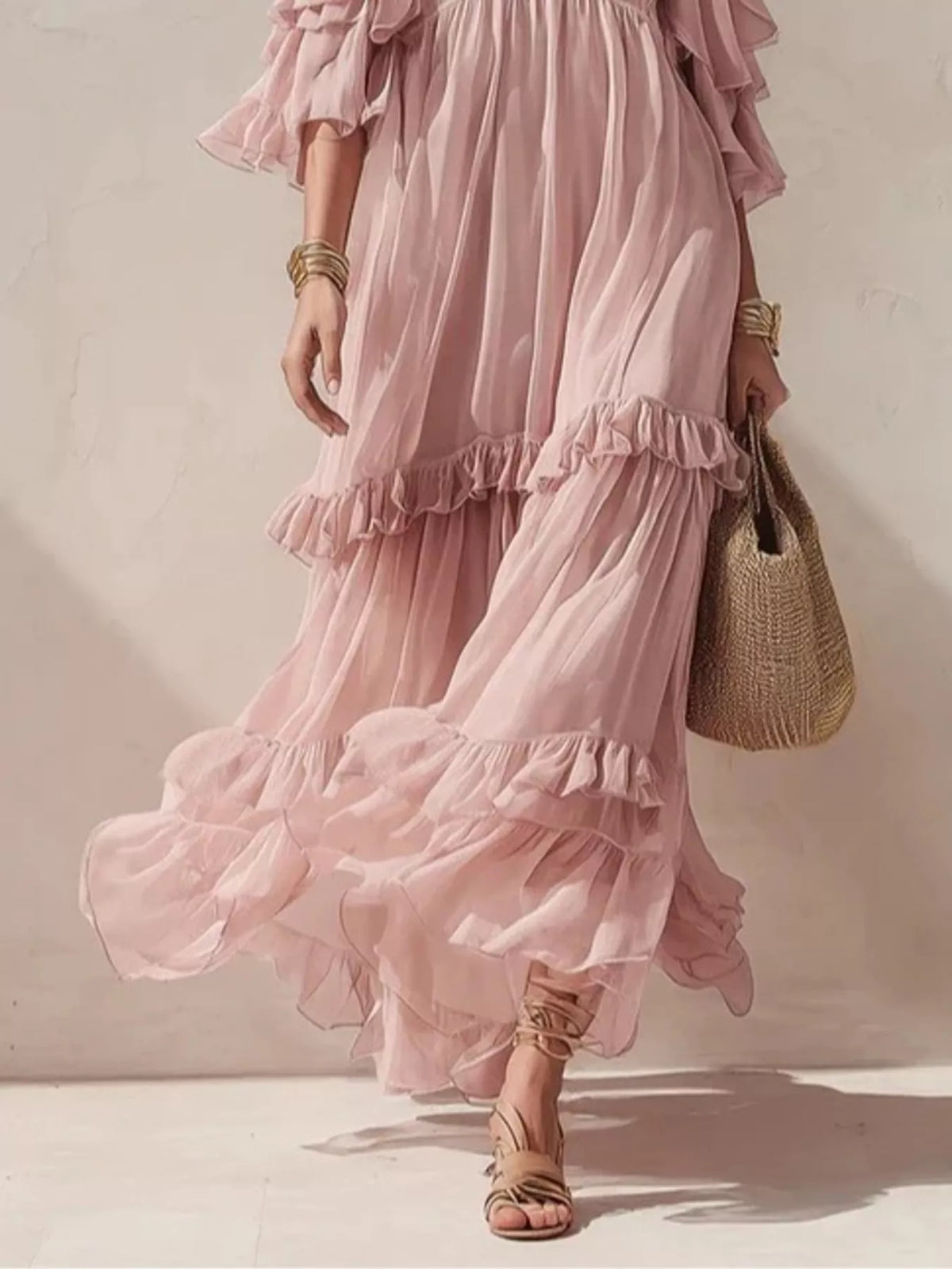 Cold-Shoulder Ruffled Maxi Dress - WYNFLARE