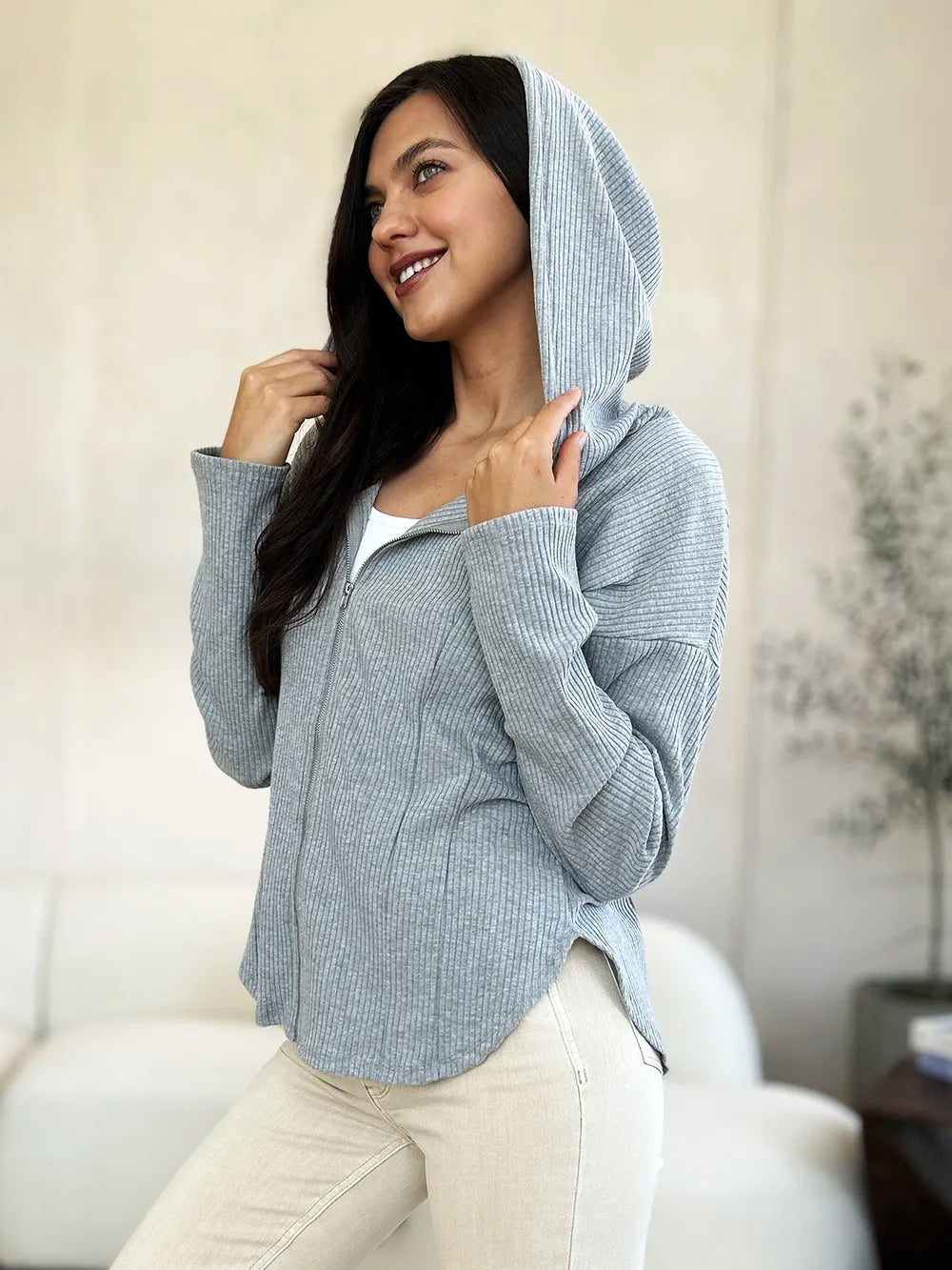 Culture Code Full Size Ribbed Zip Up Drawstring Hooded Jacket - WYNFLARE