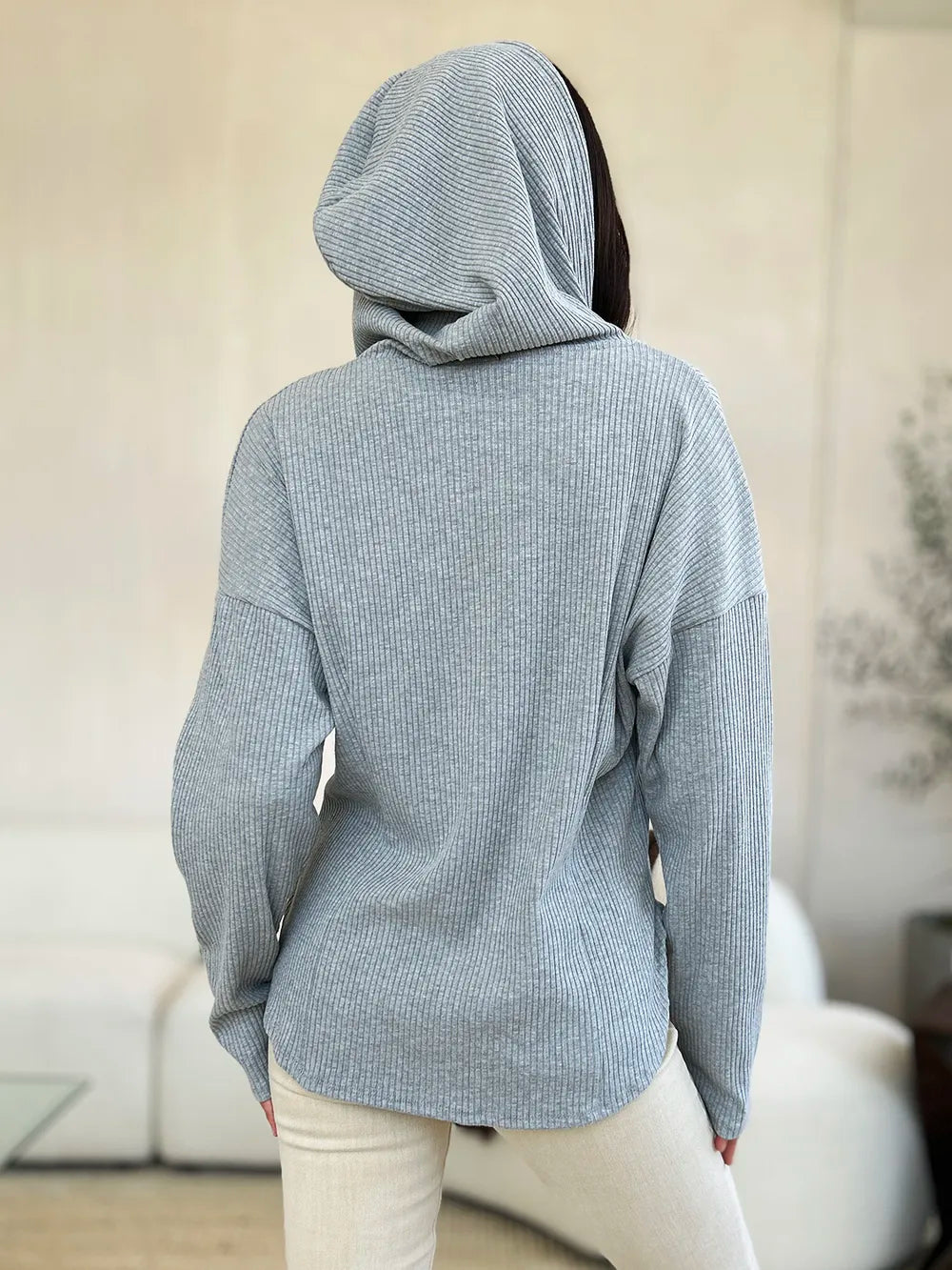 Culture Code Full Size Ribbed Zip Up Drawstring Hooded Jacket - WYNFLARE