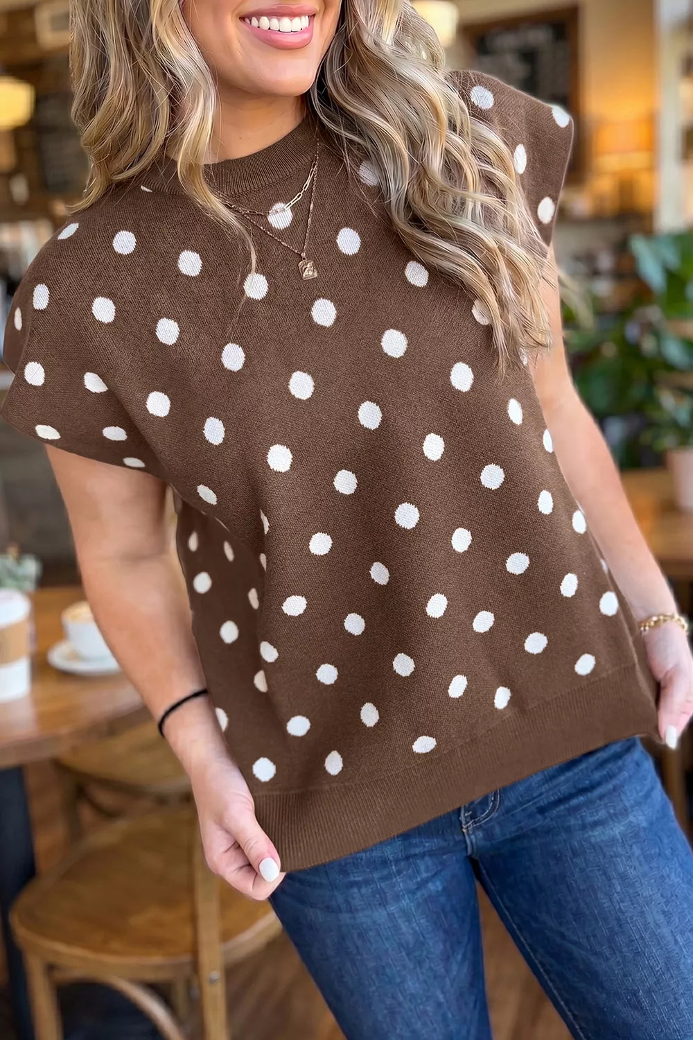 Dolman Short Sleeve Round Neck Polka Dot Sweater - WYNFLARE
