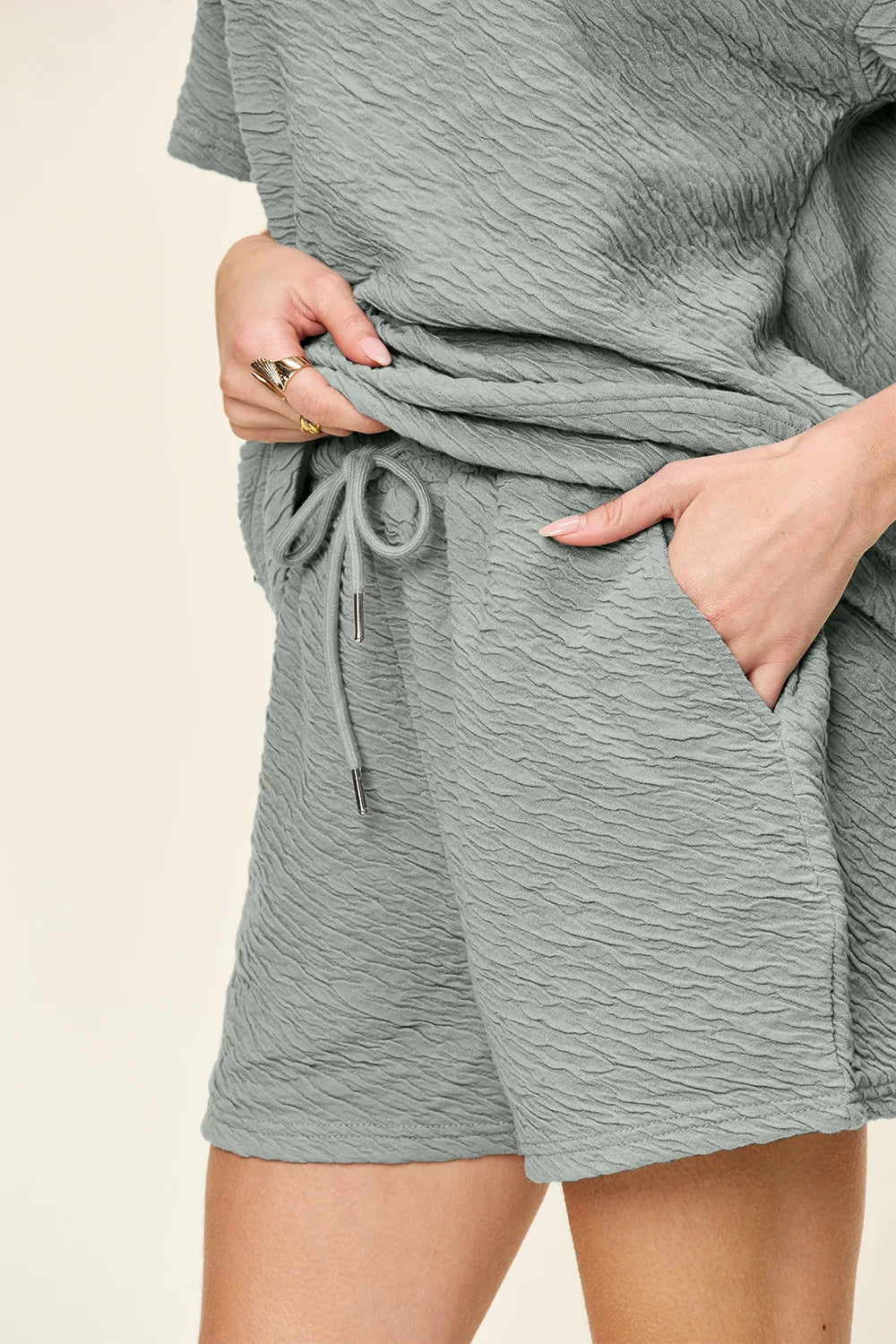 Double Take Full Size Texture Short Sleeve T-Shirt and Drawstring Shorts Set - WYNFLARE