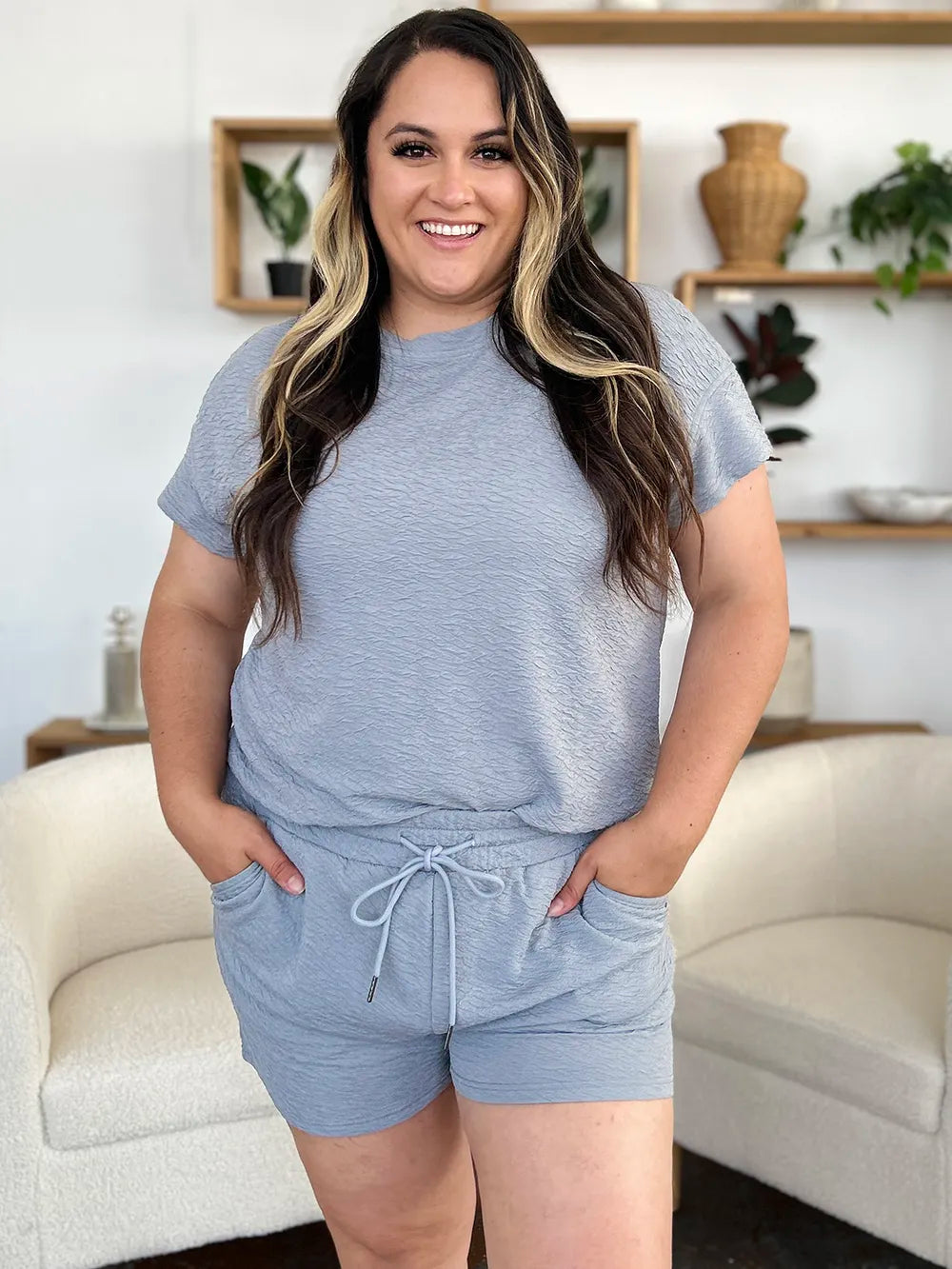 Double Take Full Size Texture Short Sleeve T-Shirt and Drawstring Shorts Set - WYNFLARE