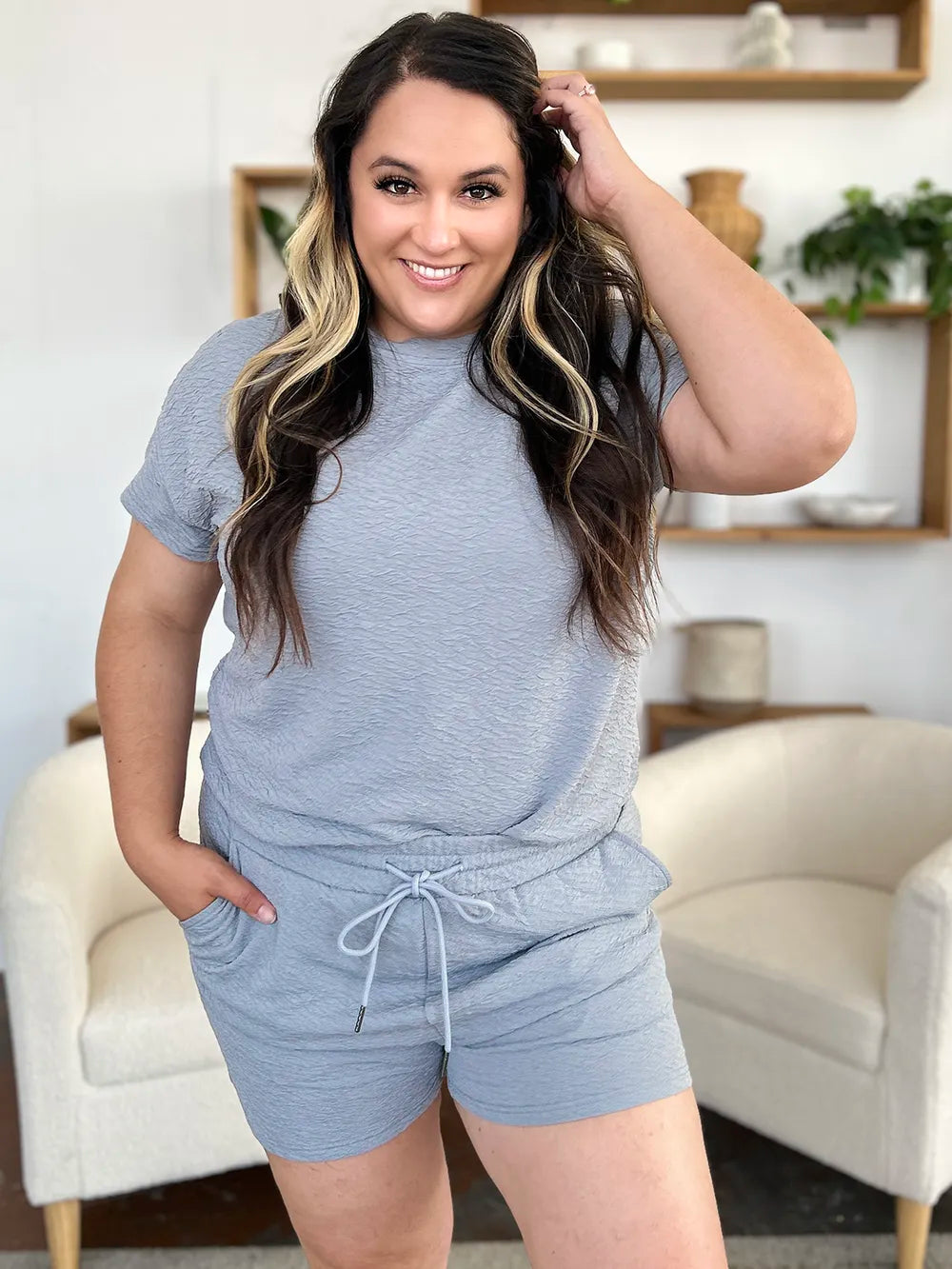 Double Take Full Size Texture Short Sleeve T-Shirt and Drawstring Shorts Set - WYNFLARE