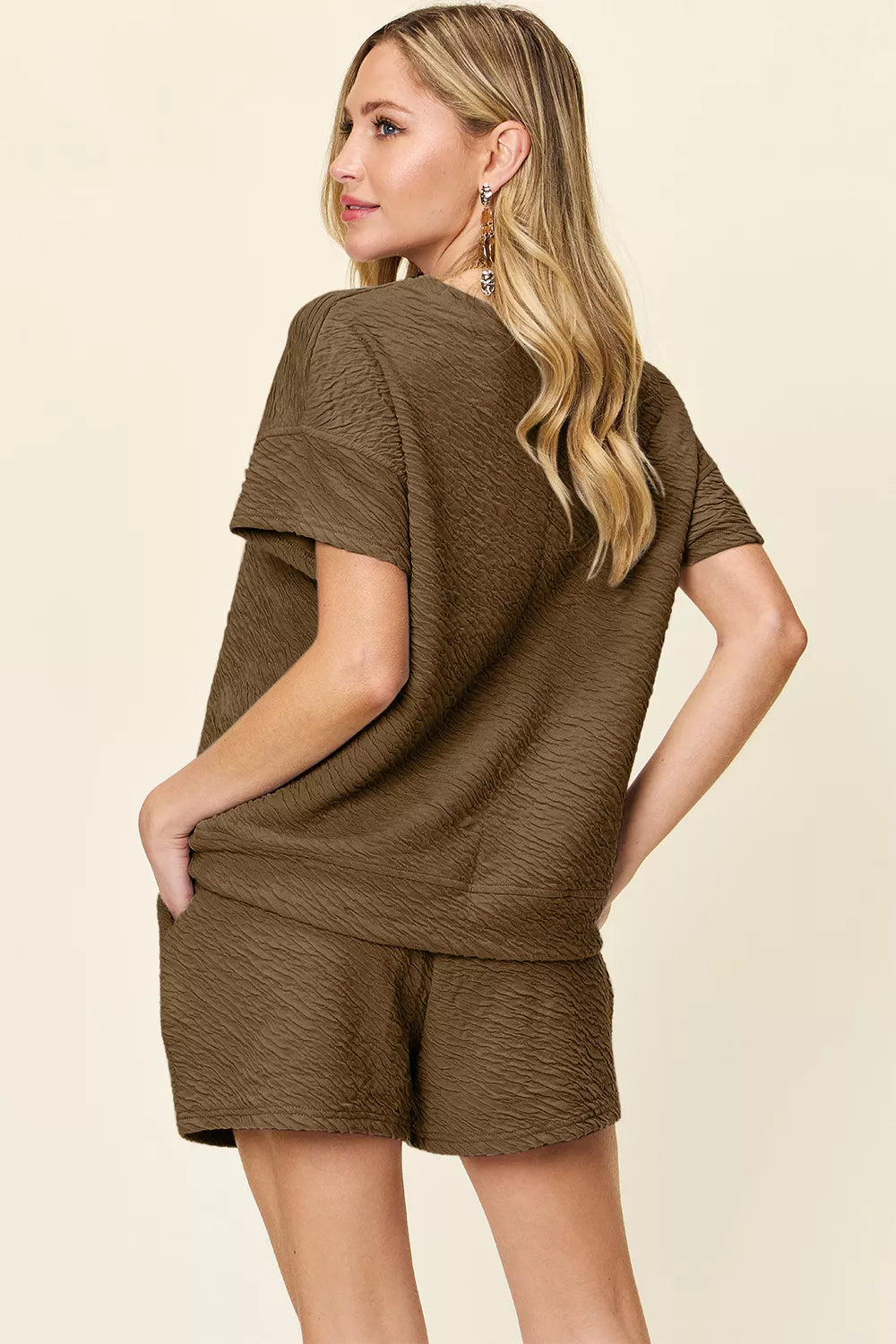 Double Take Full Size Texture Short Sleeve T-Shirt and Drawstring Shorts Set - WYNFLARE