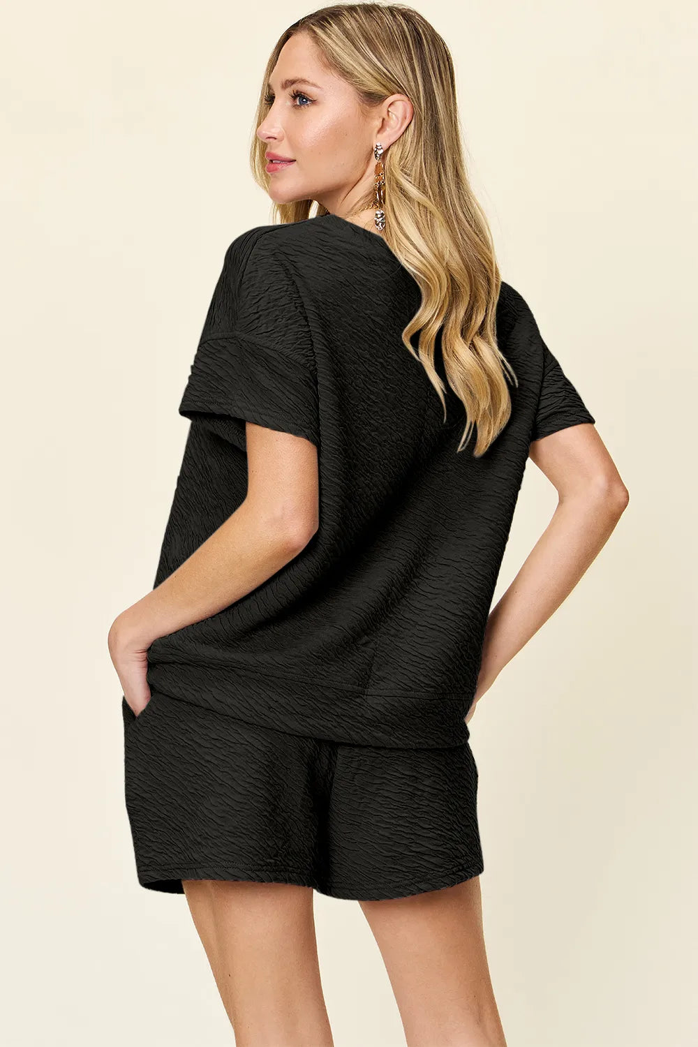Double Take Full Size Texture Short Sleeve T-Shirt and Drawstring Shorts Set - WYNFLARE