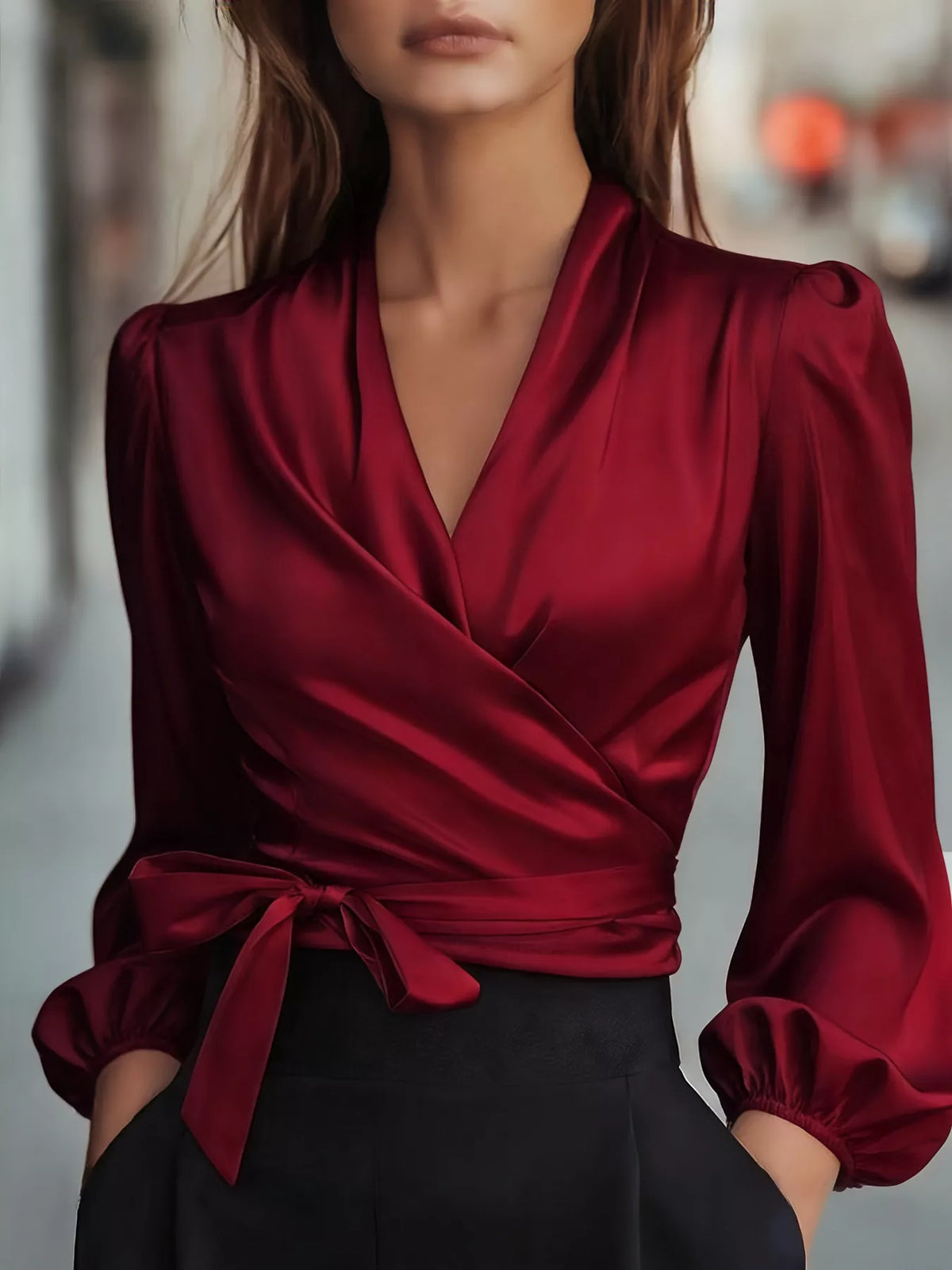 Elegant Satin Wrap Blouse with Bow Detail - WYNFLARE