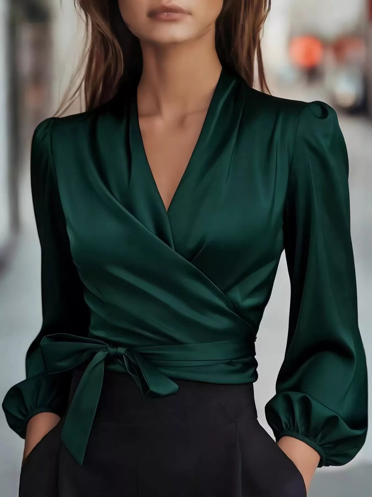 Elegant Satin Wrap Blouse with Bow Detail - WYNFLARE