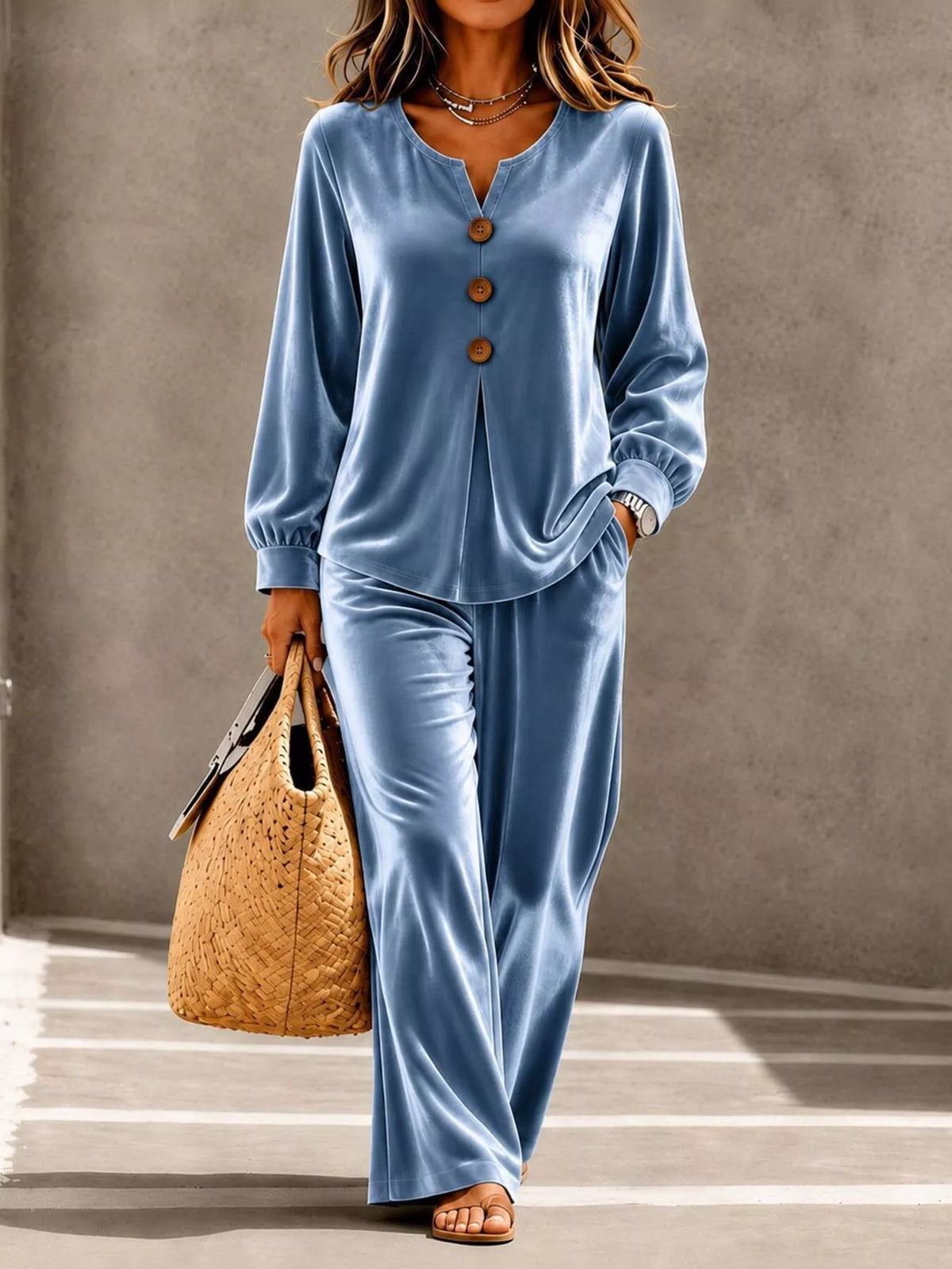 Elegant Velvet Decor-Button Top and Pants Set - WYNFLARE