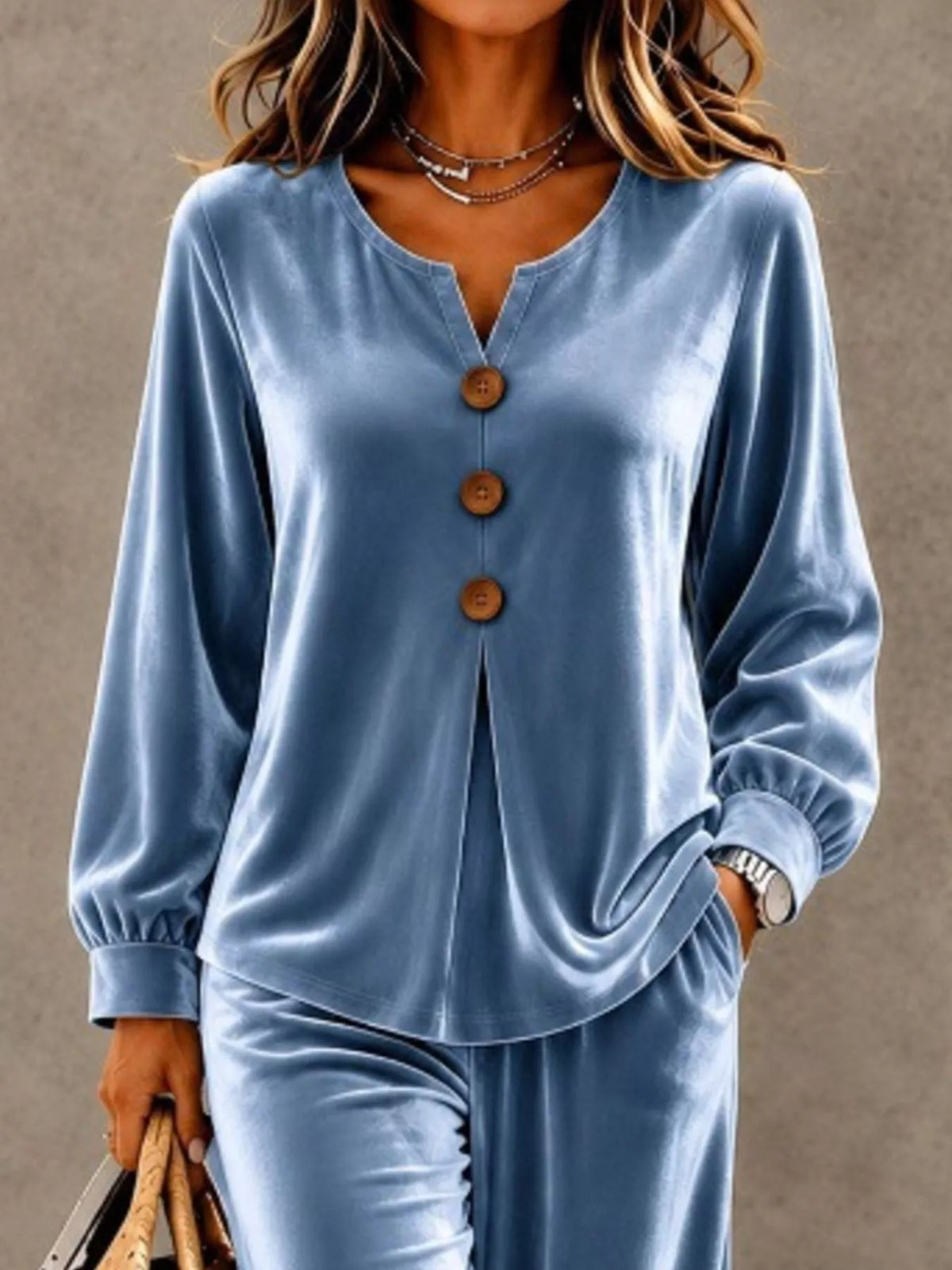 Elegant Velvet Decor-Button Top and Pants Set - WYNFLARE