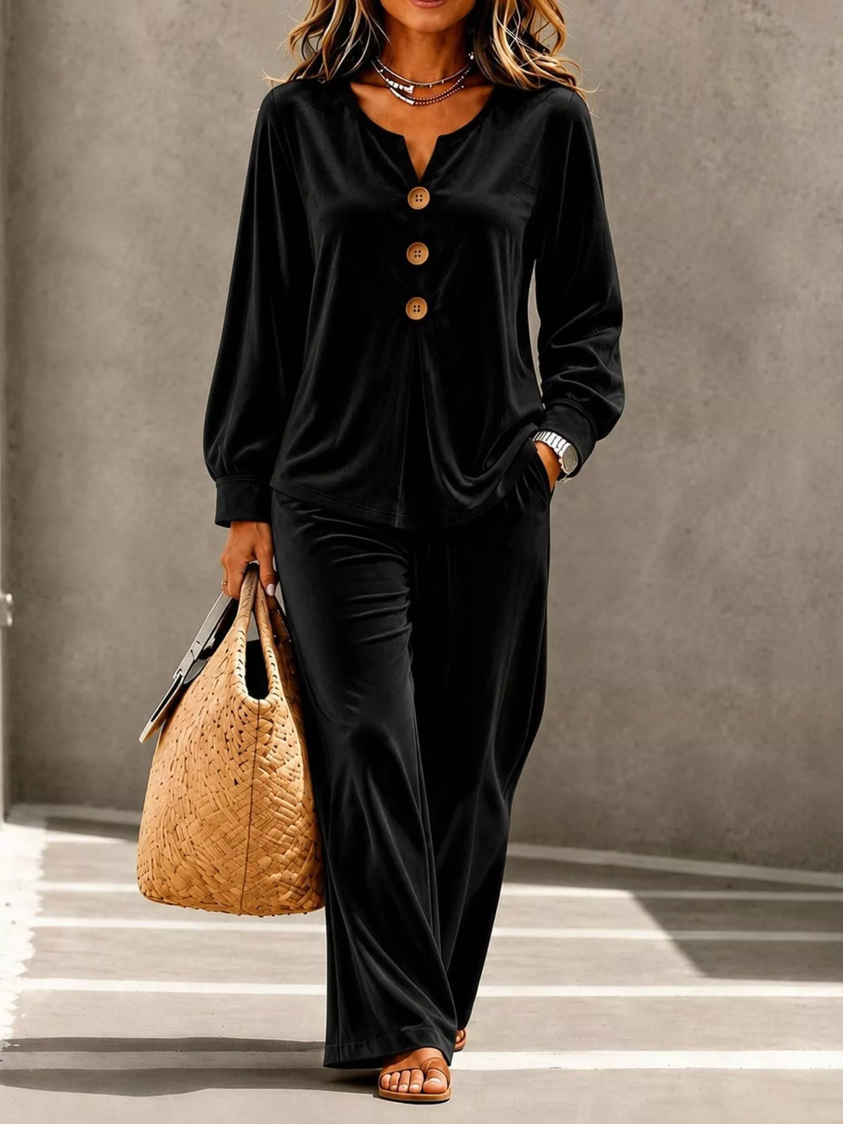 Elegant Velvet Decor-Button Top and Pants Set - WYNFLARE