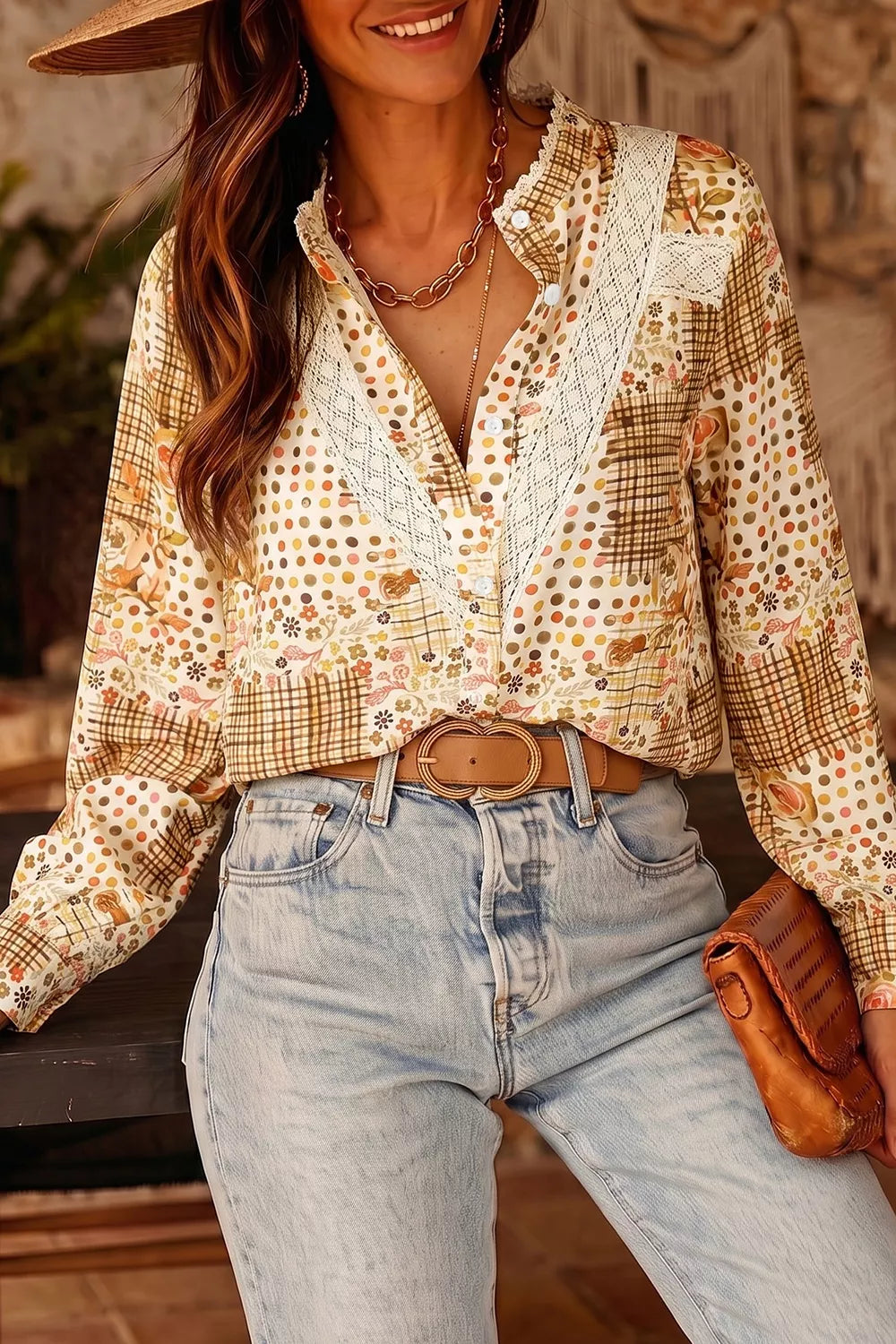 Floral Lace Trim Button Down Long Sleeve Shirt - WYNFLARE