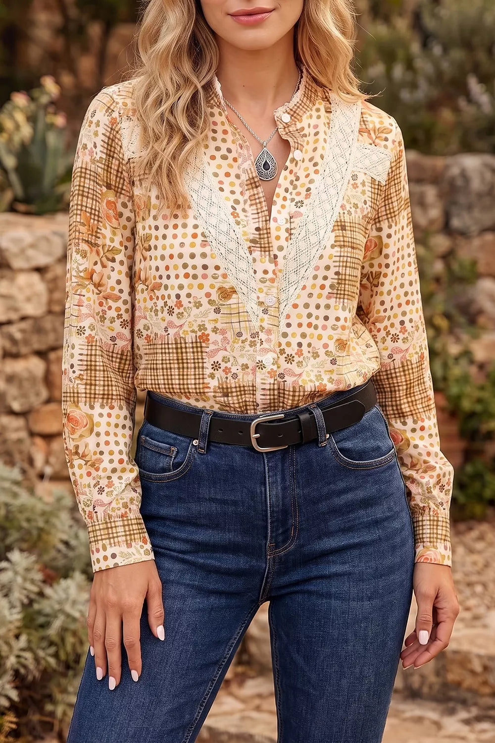Floral Lace Trim Button Down Long Sleeve Shirt - WYNFLARE