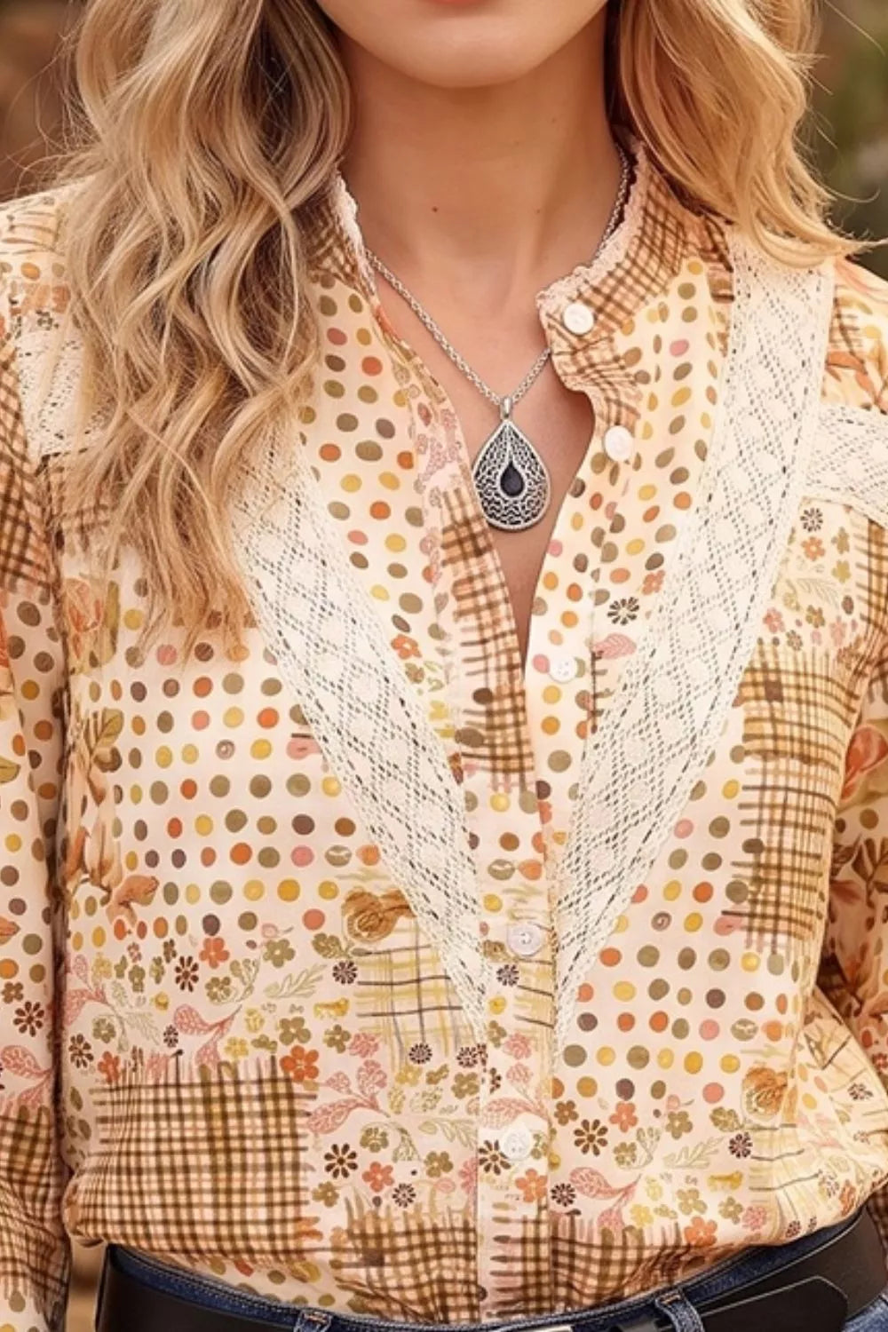Floral Lace Trim Button Down Long Sleeve Shirt - WYNFLARE