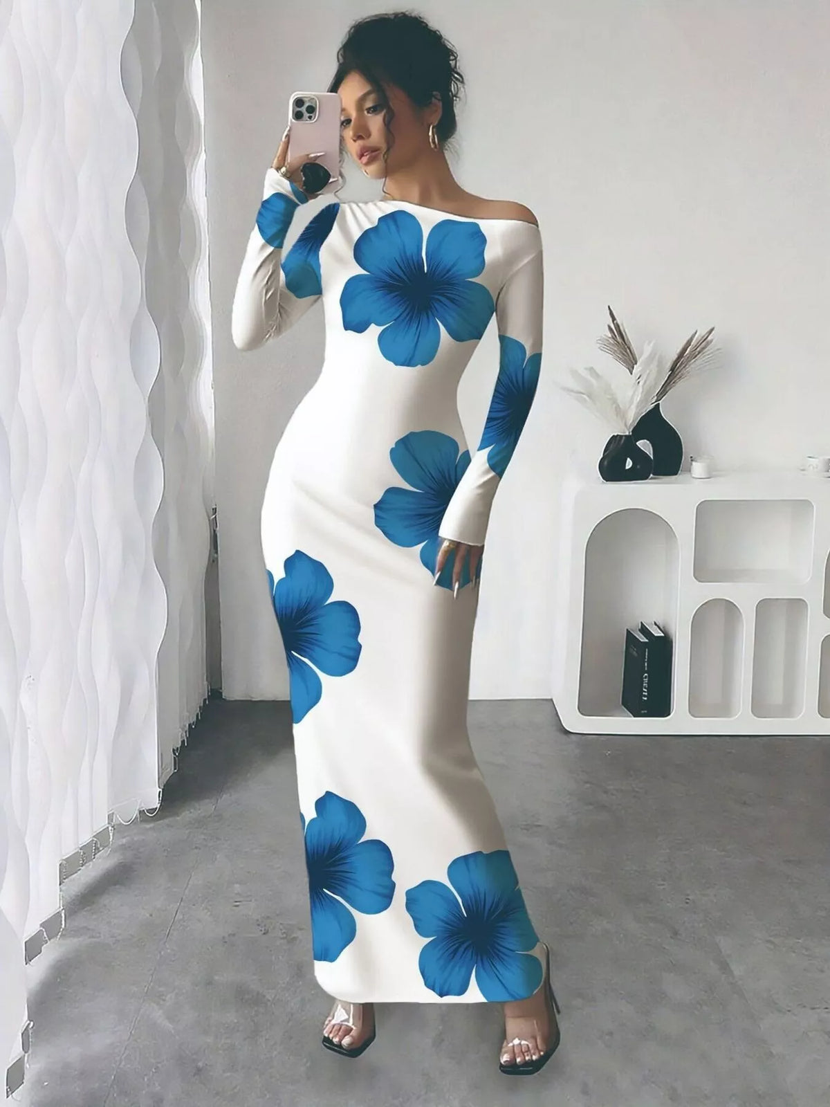 Floral Print One Shoulder Maxi Dress - WYNFLARE