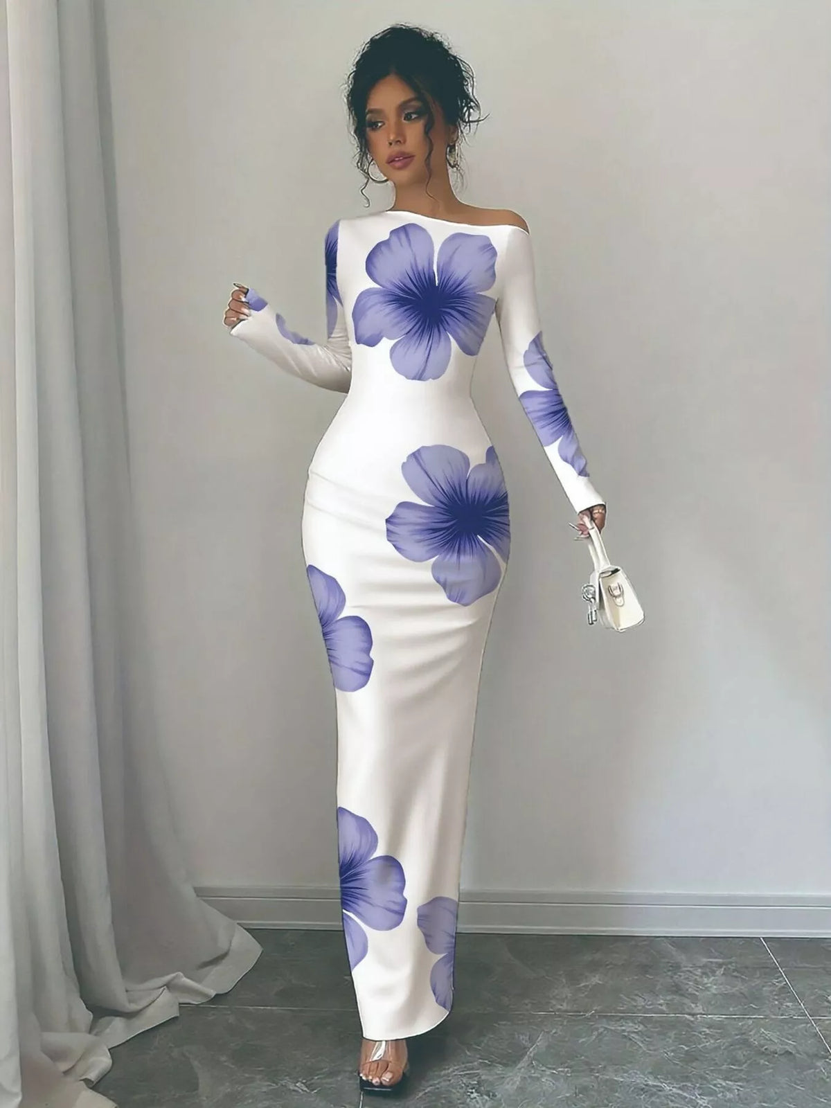 Floral Print One Shoulder Maxi Dress - WYNFLARE
