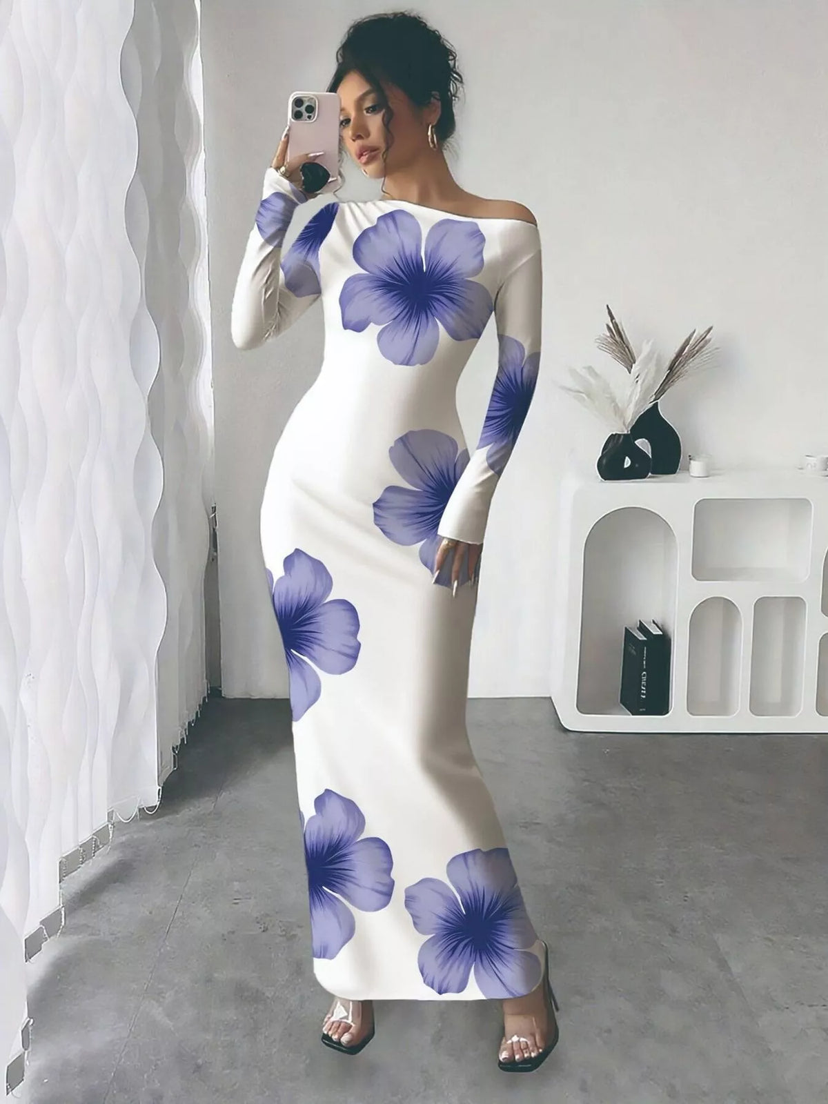Floral Print One Shoulder Maxi Dress - WYNFLARE