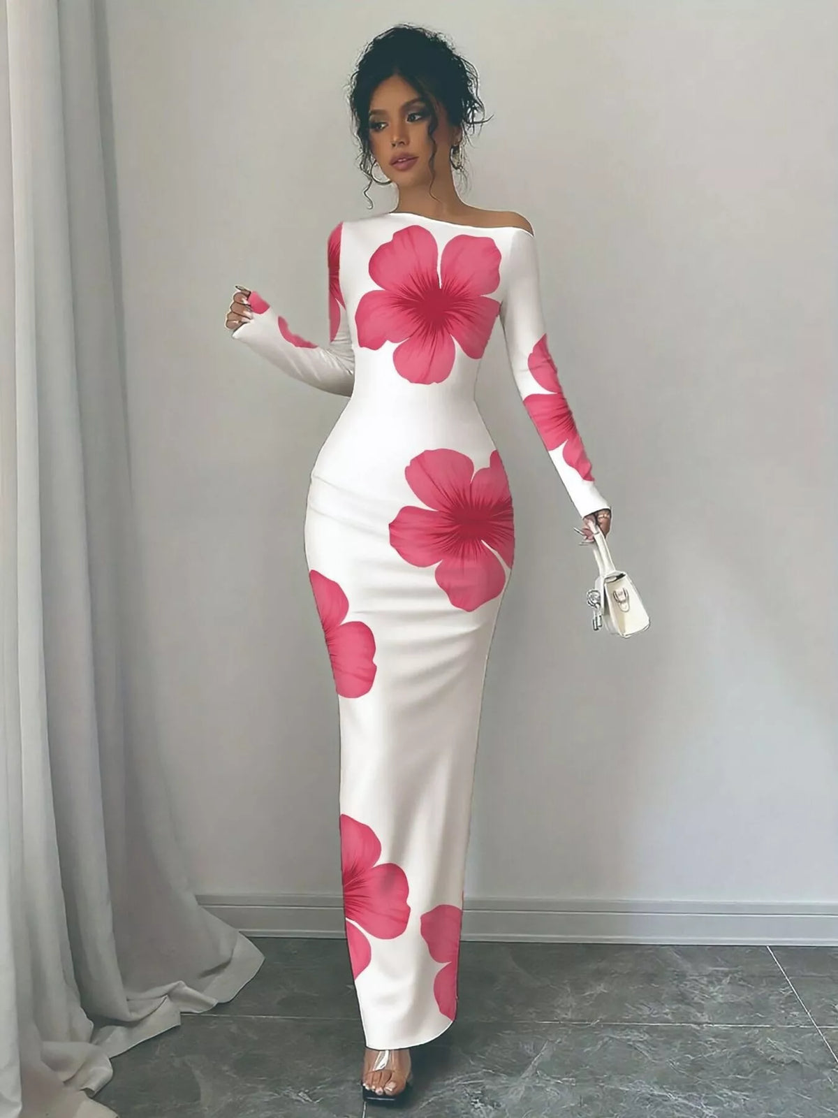 Floral Print One Shoulder Maxi Dress - WYNFLARE