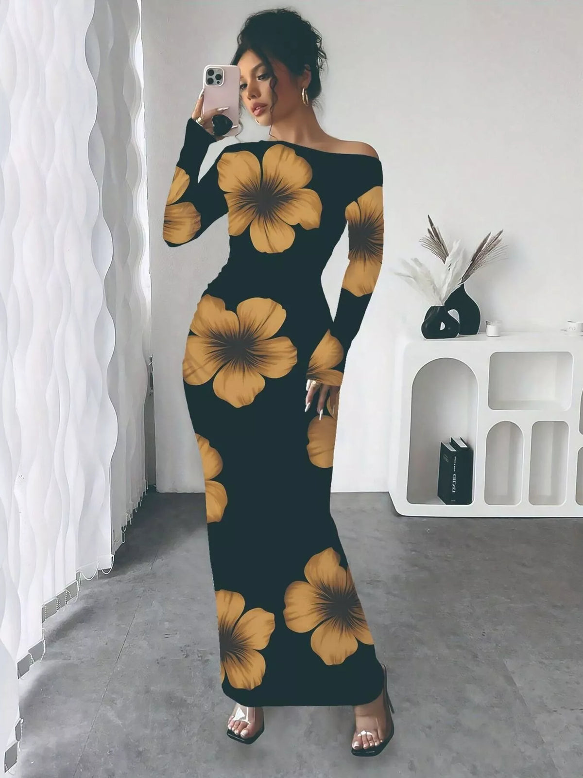 Floral Print One Shoulder Maxi Dress - WYNFLARE