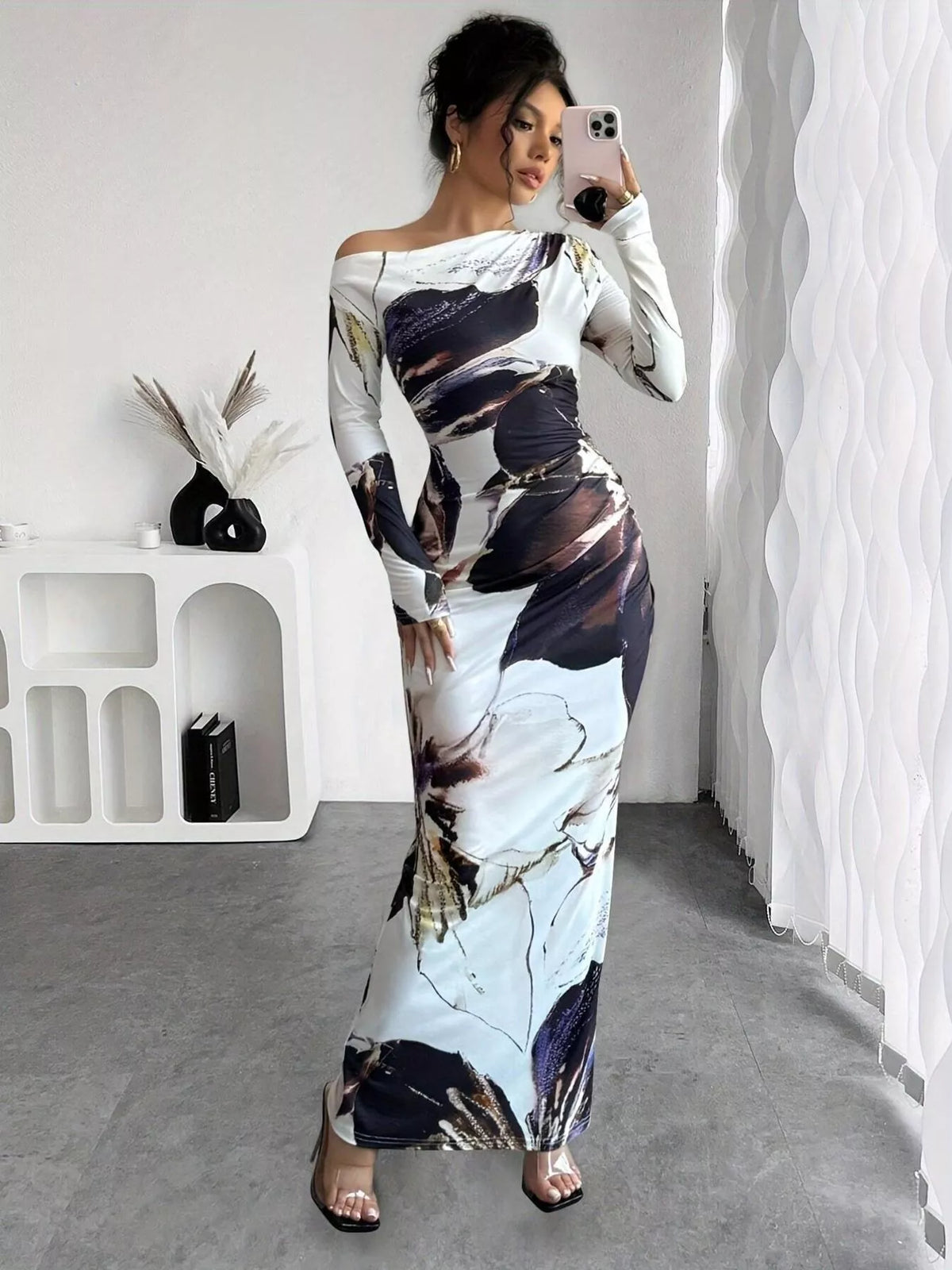 Floral Print One Shoulder Maxi Dress - WYNFLARE