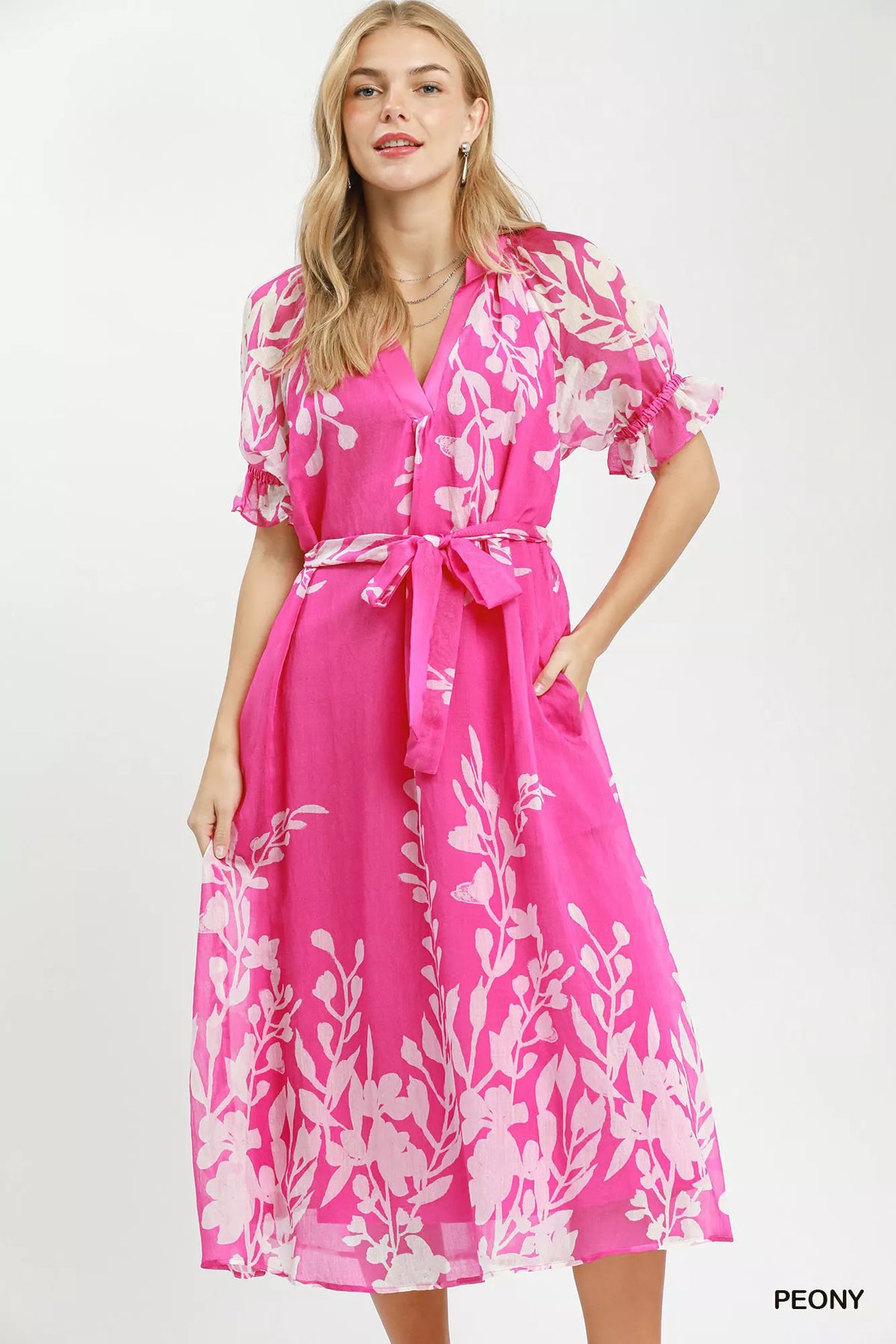 Floral Print Tie Waist Midi Dress with Pockets - WYNFLARE