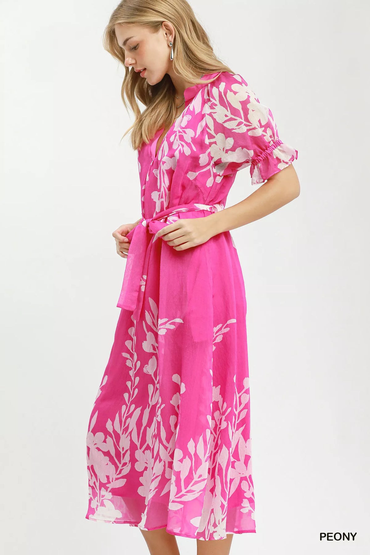 Floral Print Tie Waist Midi Dress with Pockets - WYNFLARE