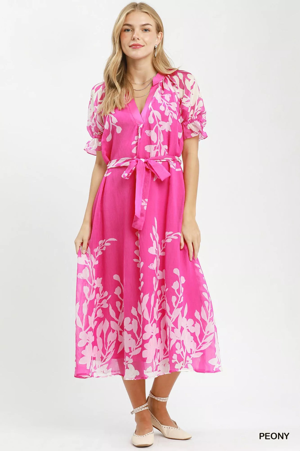 Floral Print Tie Waist Midi Dress with Pockets - WYNFLARE