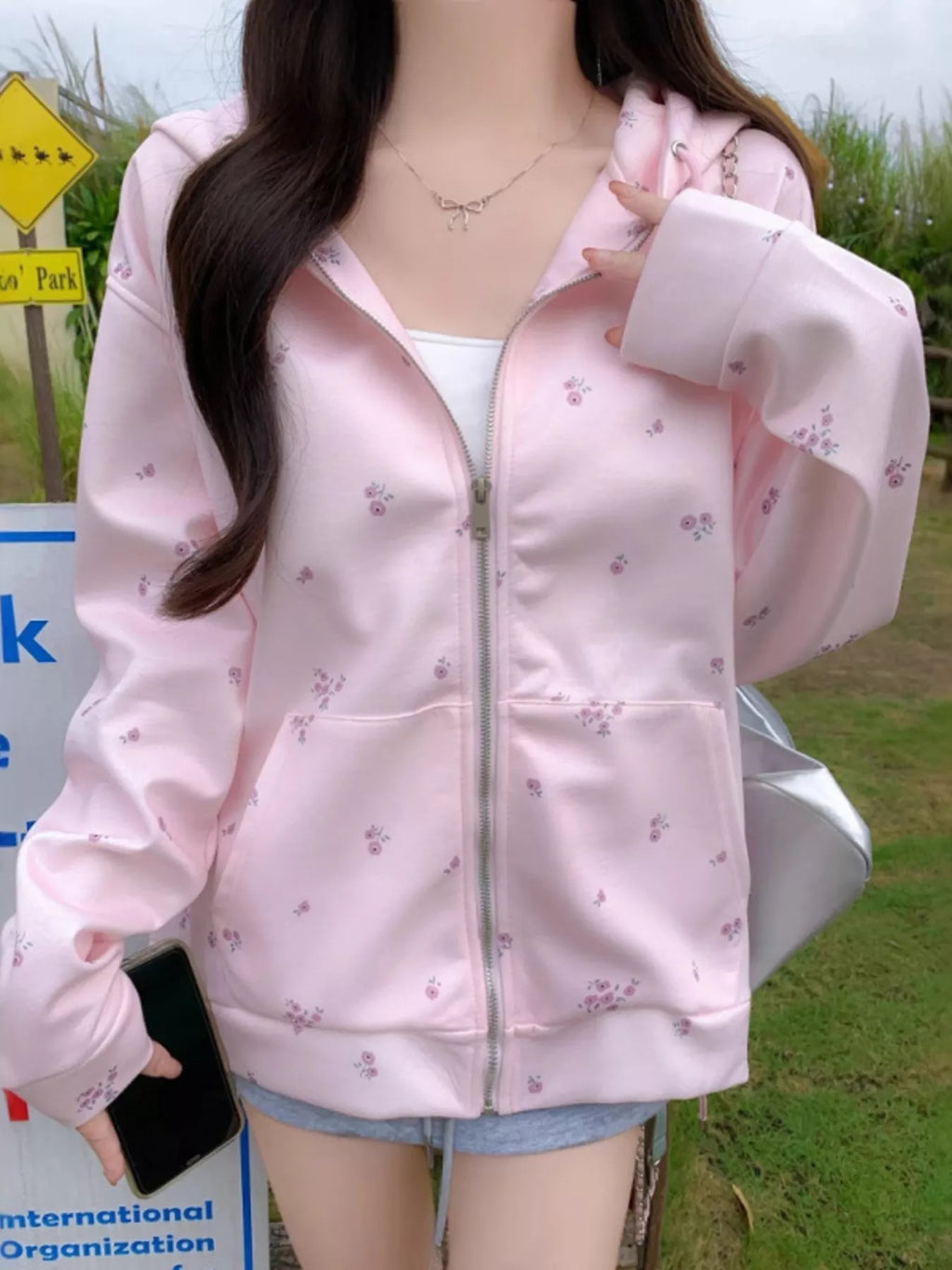 Floral Print Zip-Up Hoodie - WYNFLARE