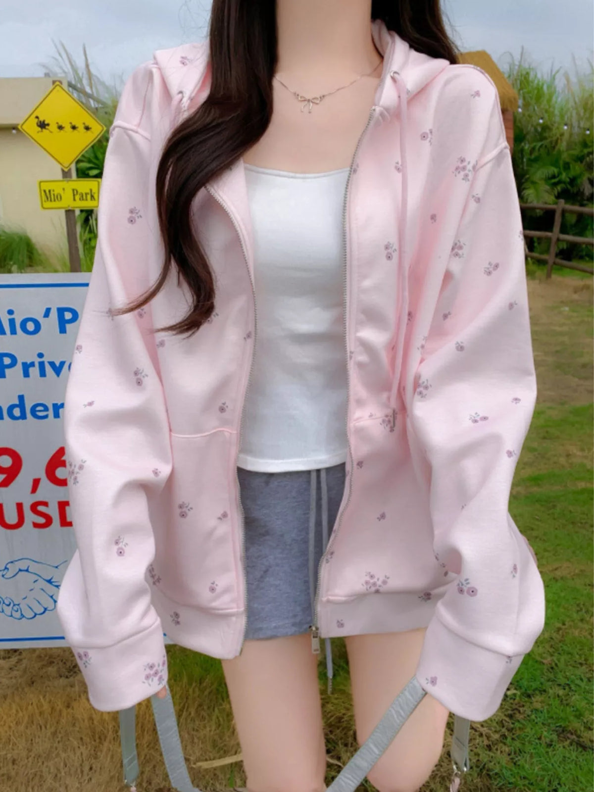 Floral Print Zip-Up Hoodie - WYNFLARE