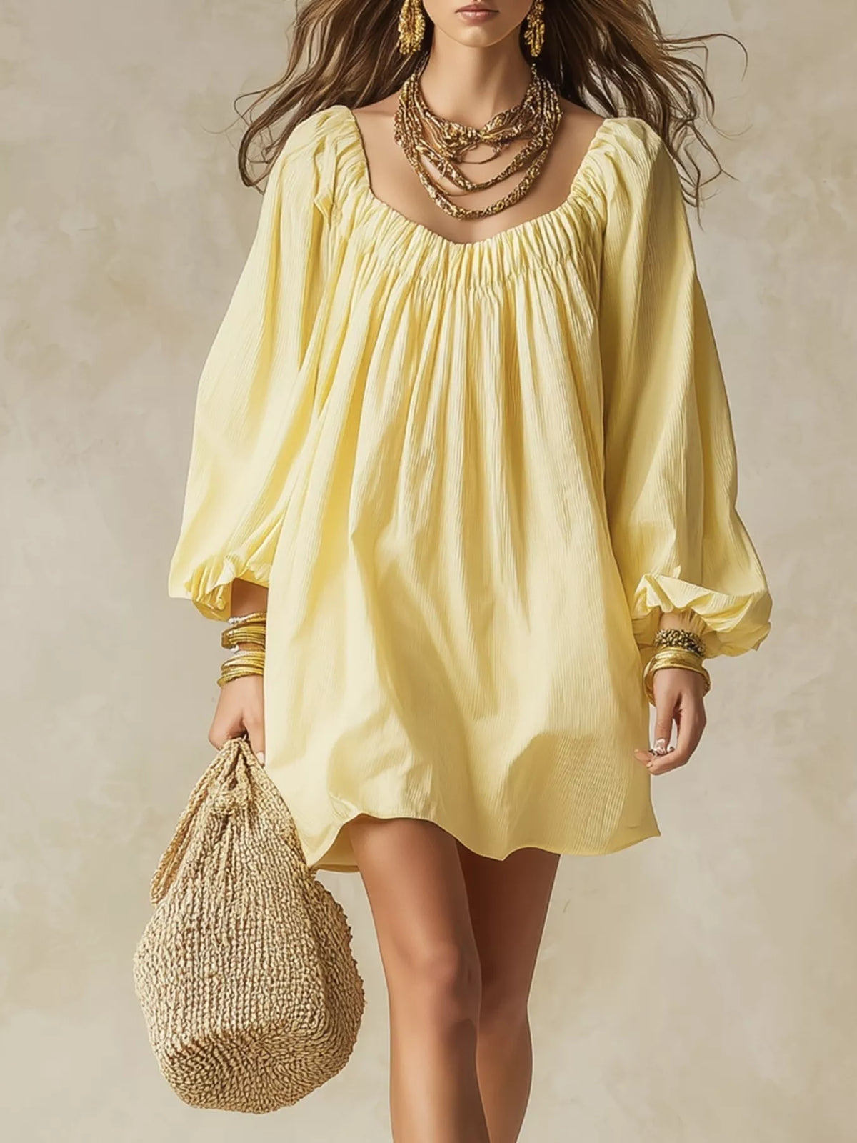Flowy Balloon Sleeve Mini Dress - WYNFLARE