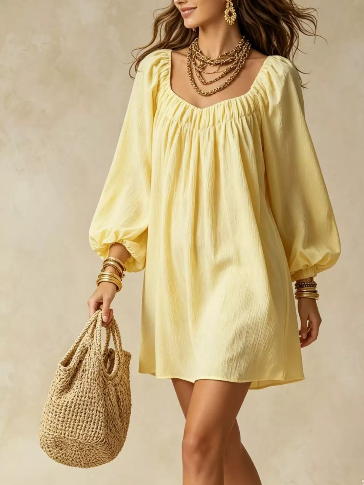 Flowy Balloon Sleeve Mini Dress - WYNFLARE