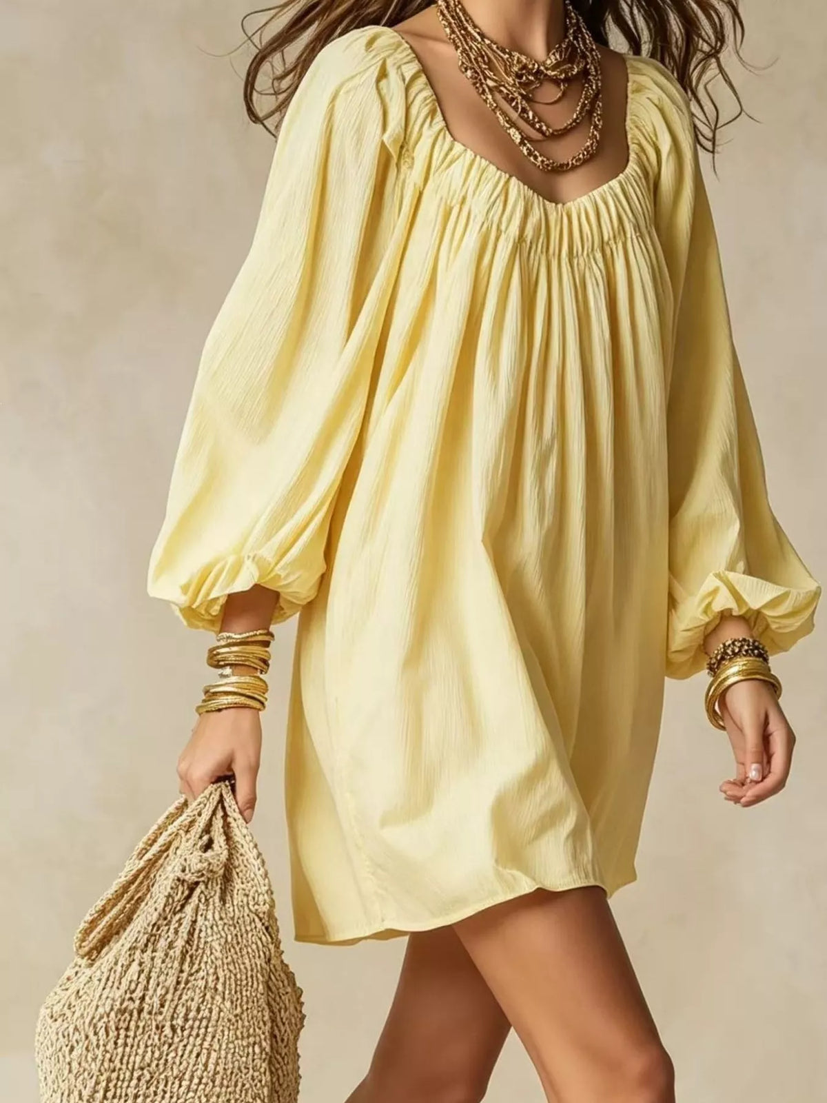 Flowy Balloon Sleeve Mini Dress - WYNFLARE
