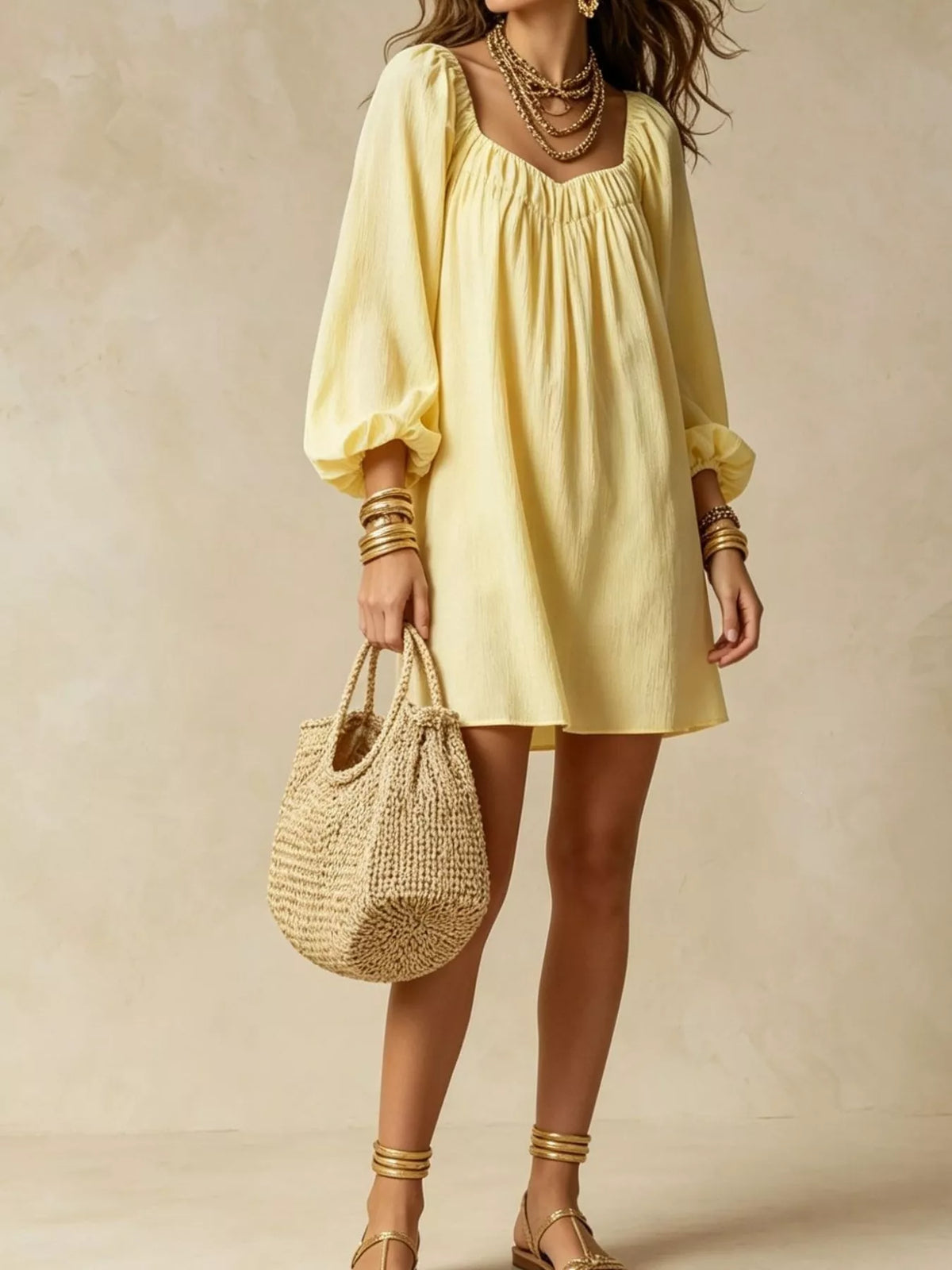 Flowy Balloon Sleeve Mini Dress - WYNFLARE