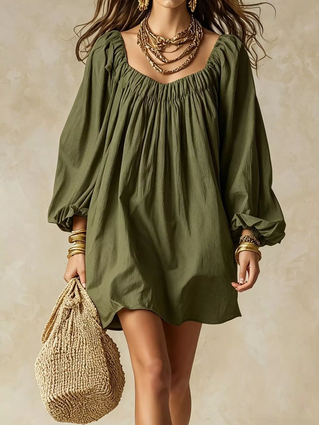 Flowy Balloon Sleeve Mini Dress - WYNFLARE