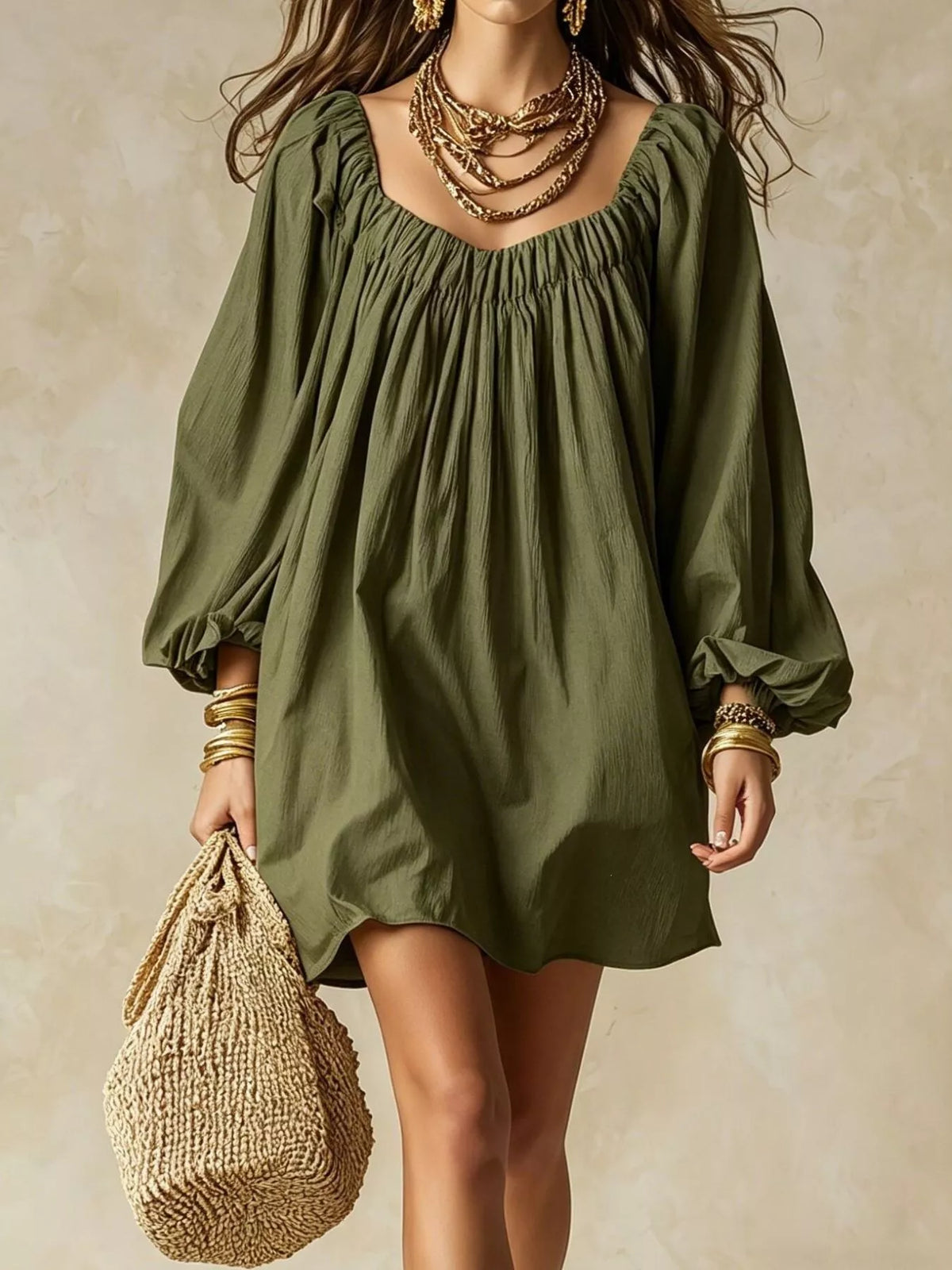 Flowy Balloon Sleeve Mini Dress - WYNFLARE
