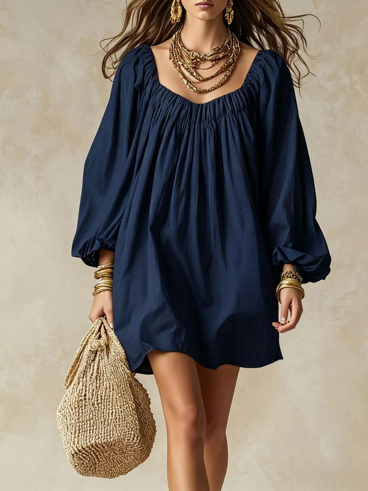 Flowy Balloon Sleeve Mini Dress - WYNFLARE