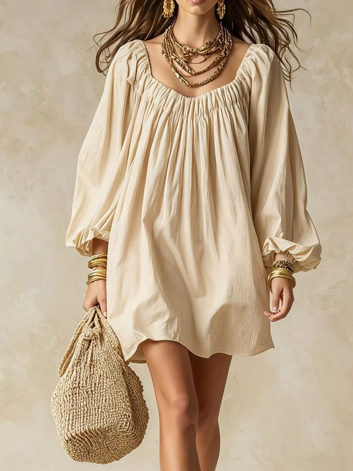 Flowy Balloon Sleeve Mini Dress - WYNFLARE