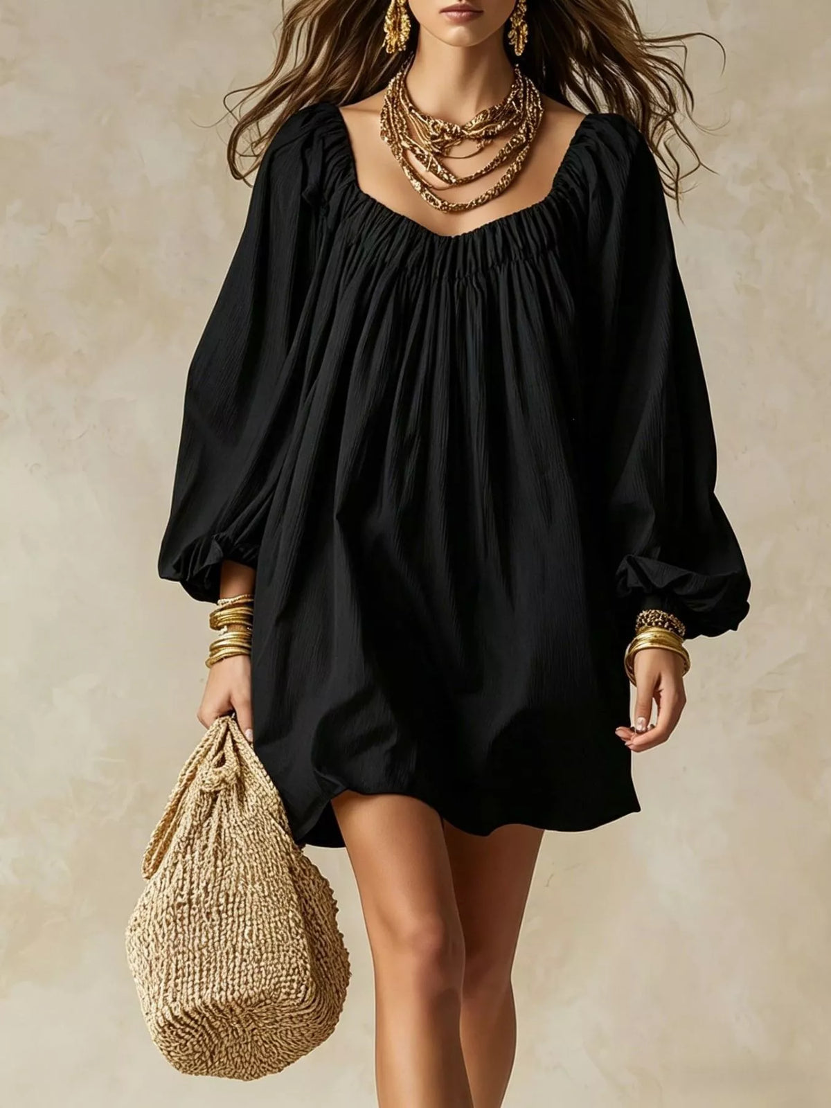 Flowy Balloon Sleeve Mini Dress - WYNFLARE