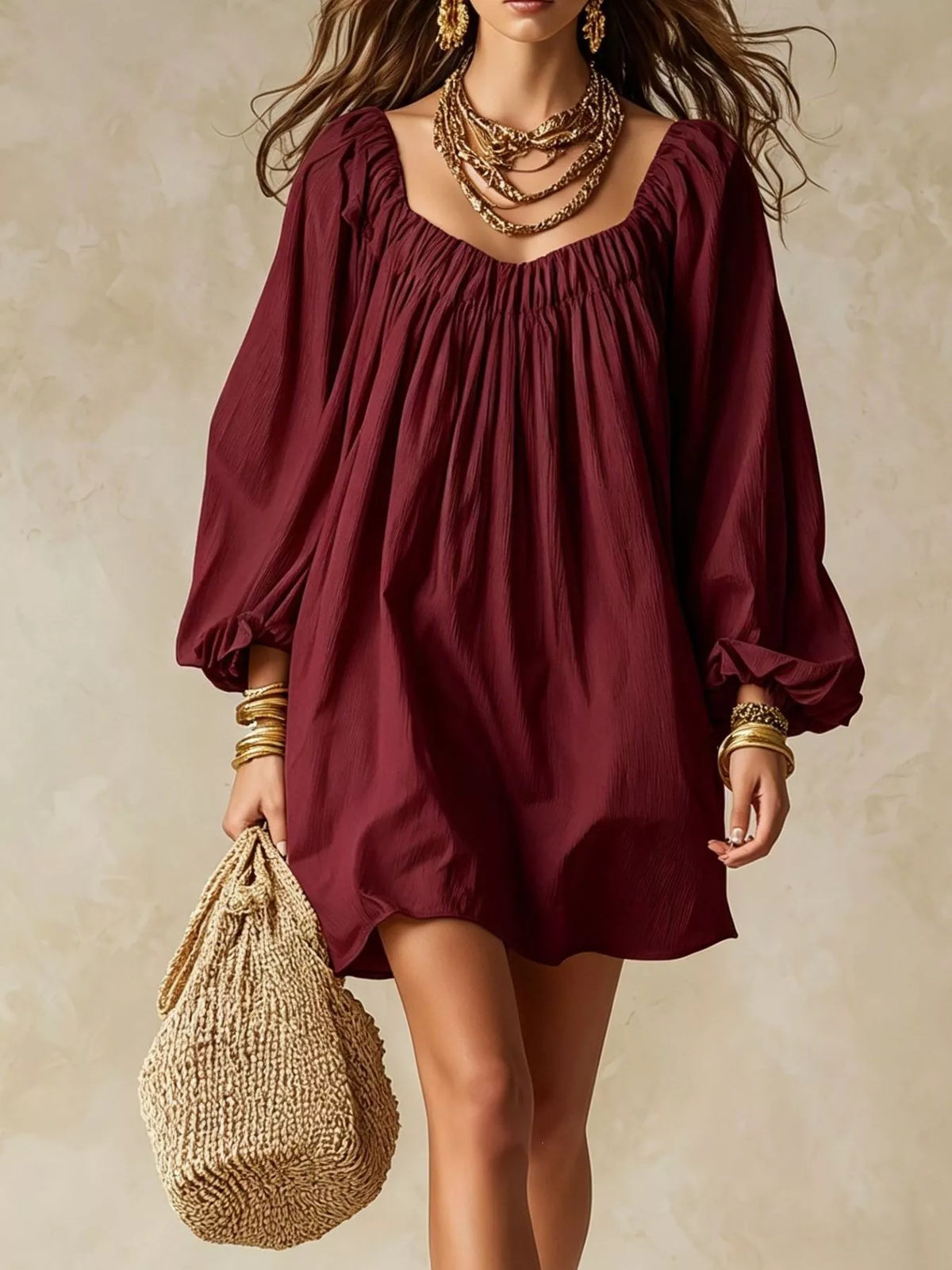 Flowy Balloon Sleeve Mini Dress - WYNFLARE