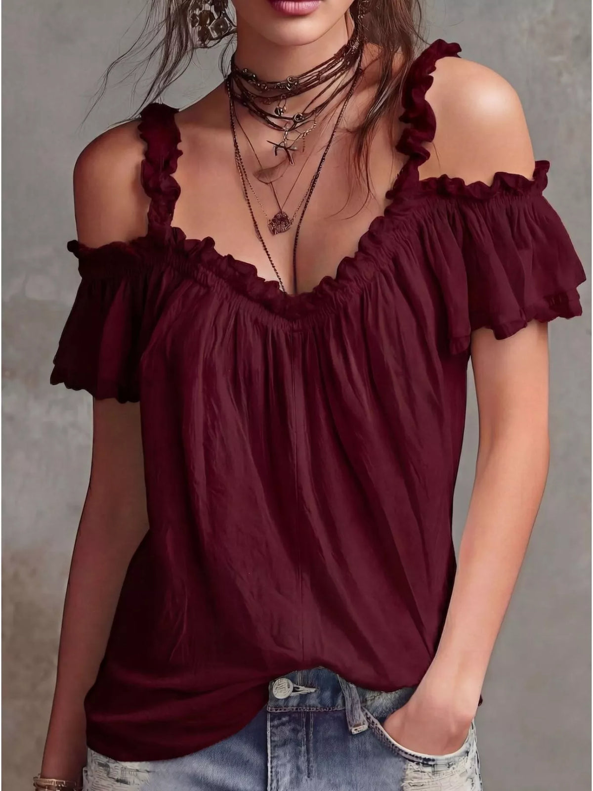 Frill Cold Shoulder Blouse - WYNFLARE