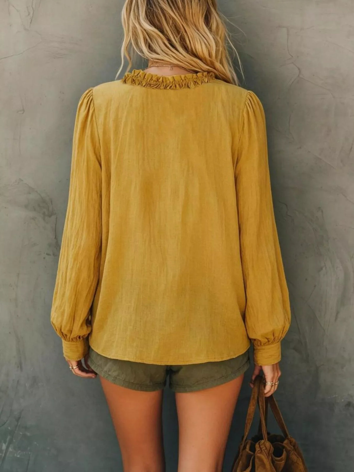 Frill V-Neck Long Sleeve Blouse - WYNFLARE