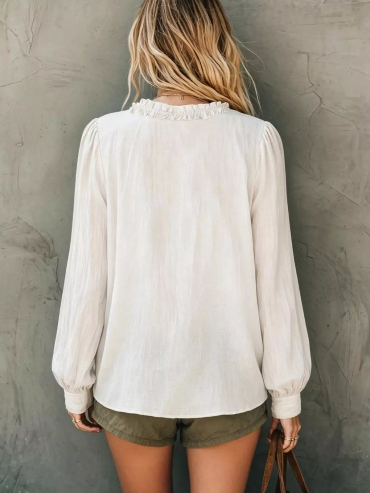 Frill V-Neck Long Sleeve Blouse - WYNFLARE
