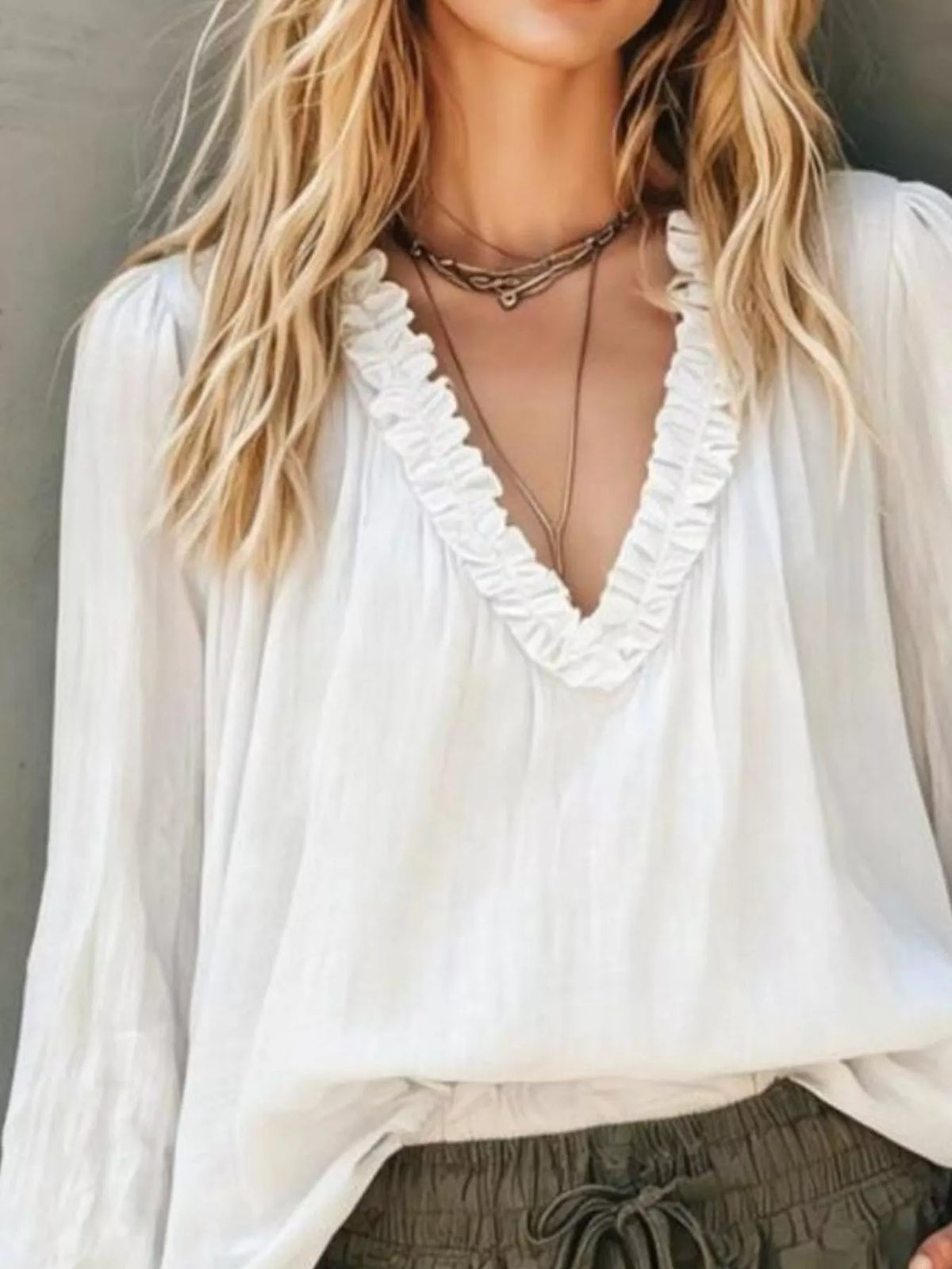 Frill V-Neck Long Sleeve Blouse - WYNFLARE