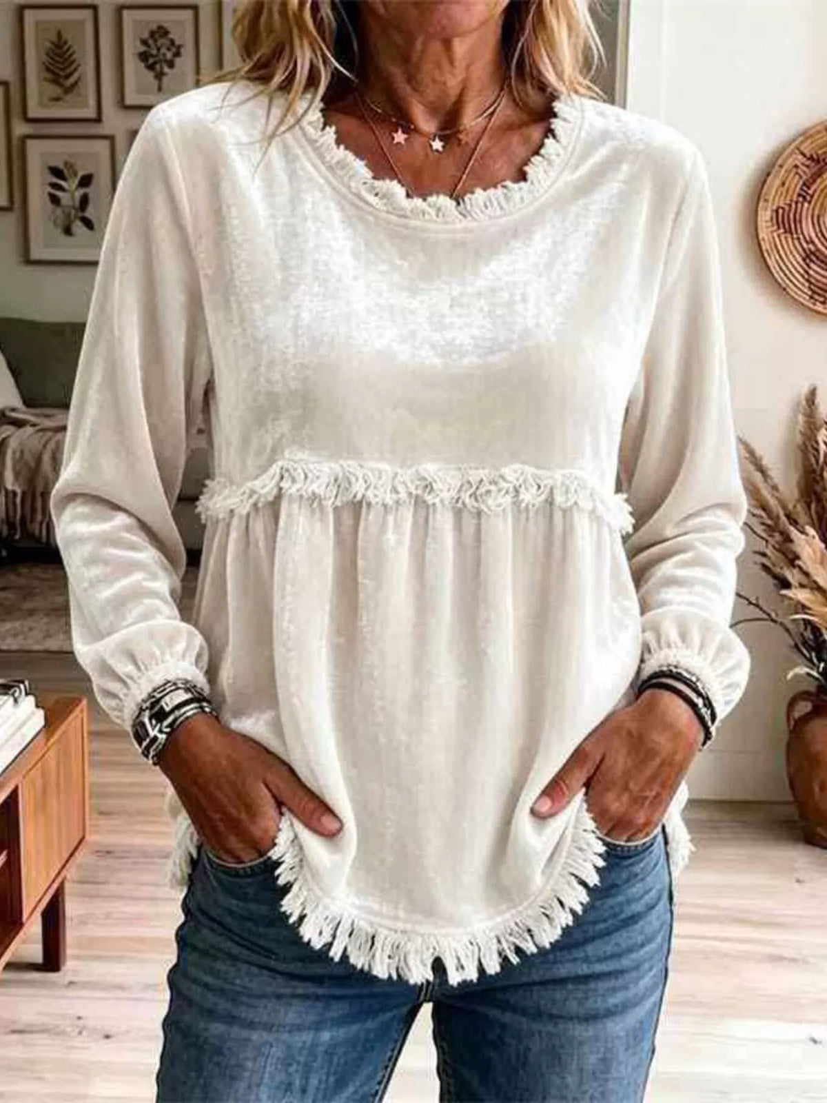 Fringed Hem Long Sleeve T-Shirt - WYNFLARE