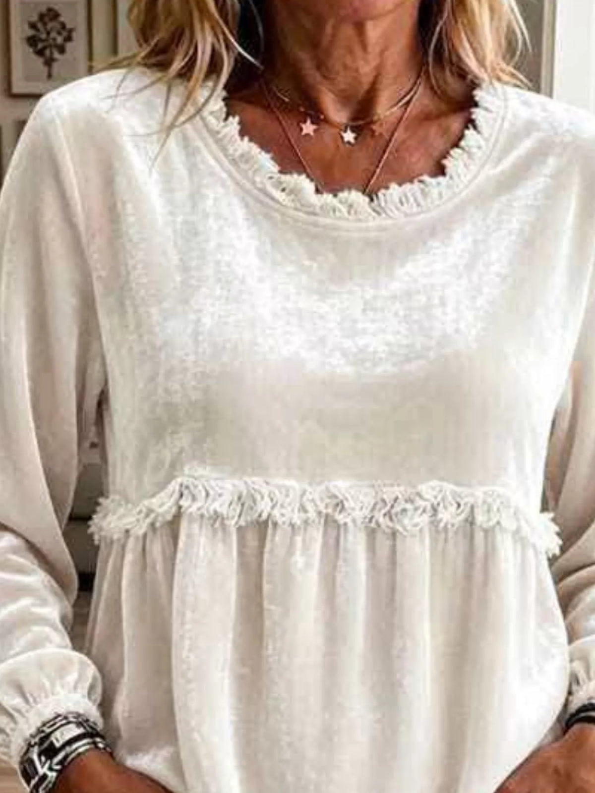 Fringed Hem Long Sleeve T-Shirt - WYNFLARE