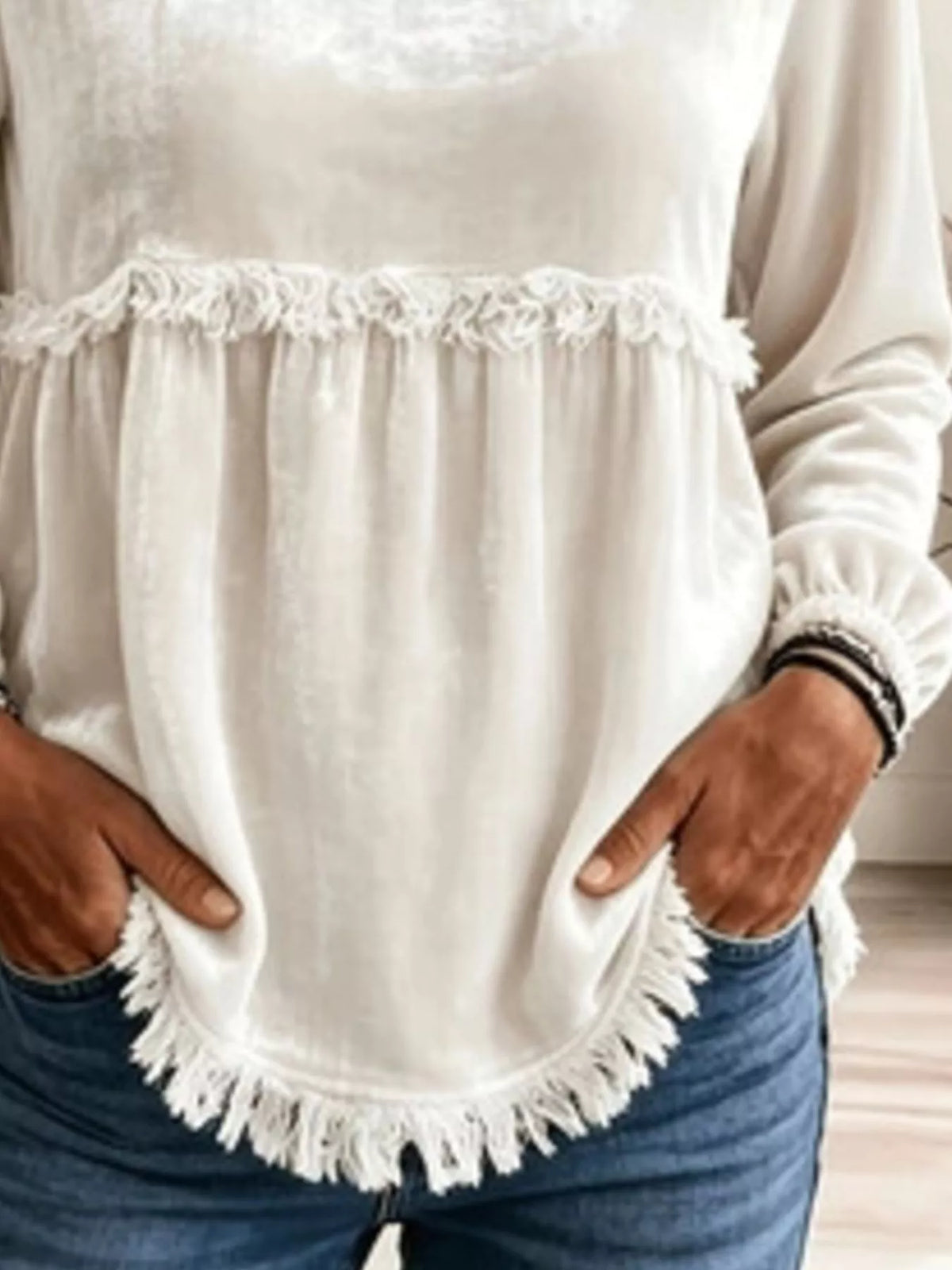Fringed Hem Long Sleeve T-Shirt - WYNFLARE