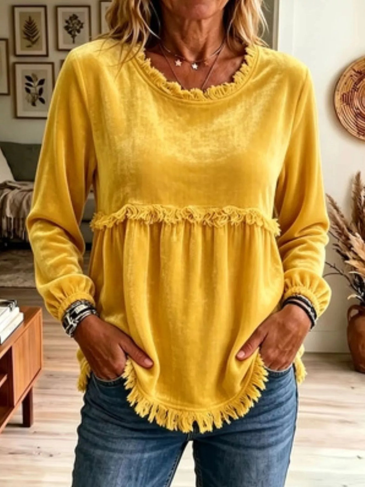 Fringed Hem Long Sleeve T-Shirt - WYNFLARE