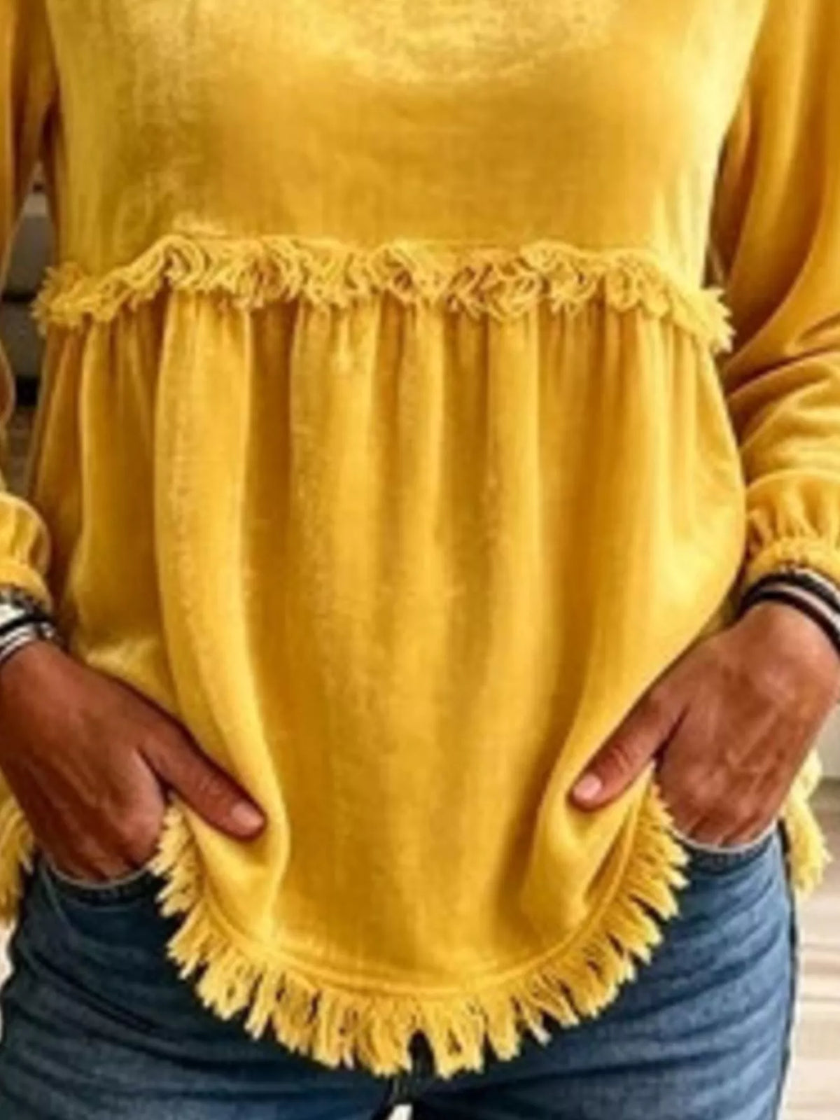 Fringed Hem Long Sleeve T-Shirt - WYNFLARE