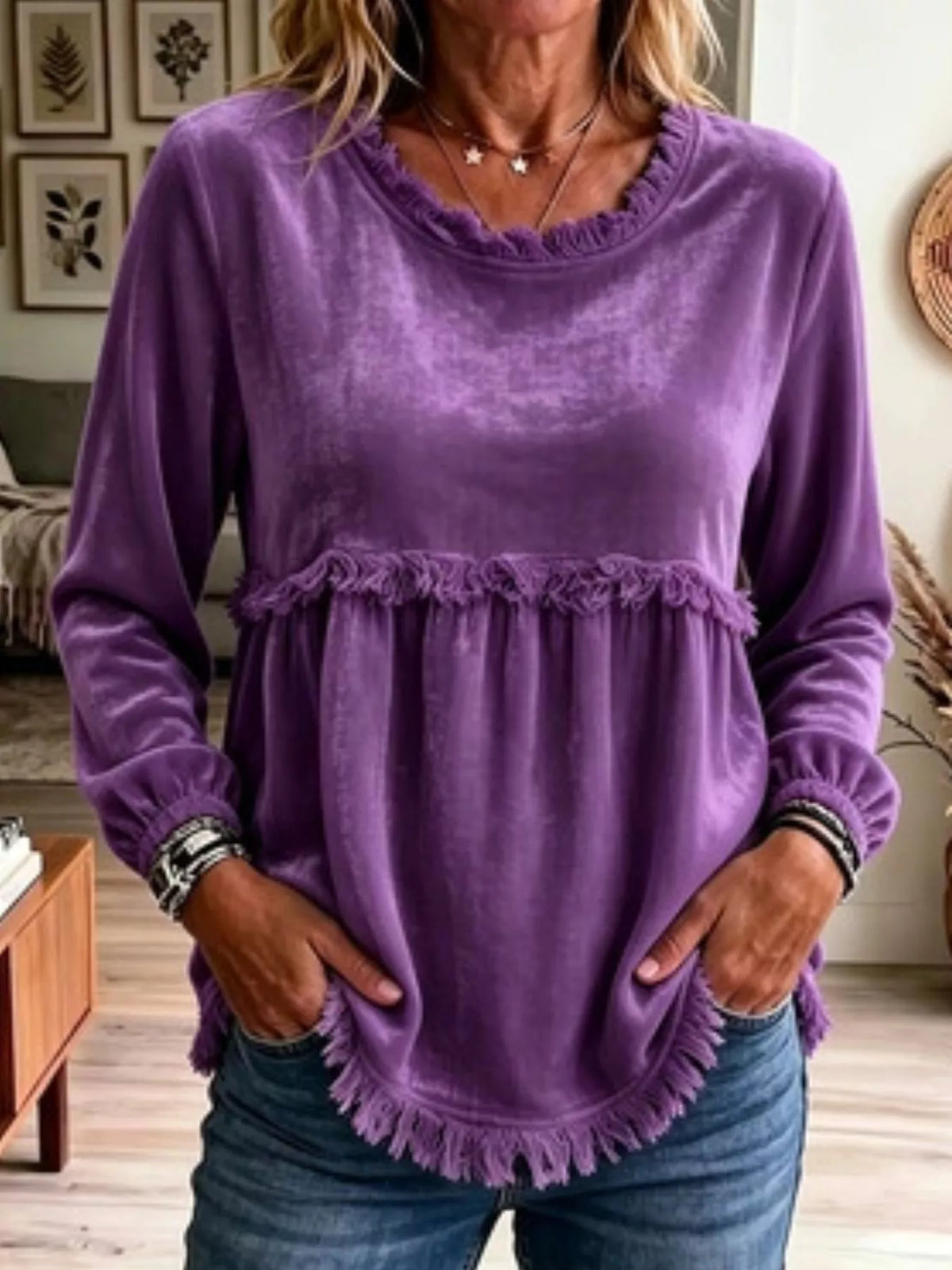 Fringed Hem Long Sleeve T-Shirt - WYNFLARE