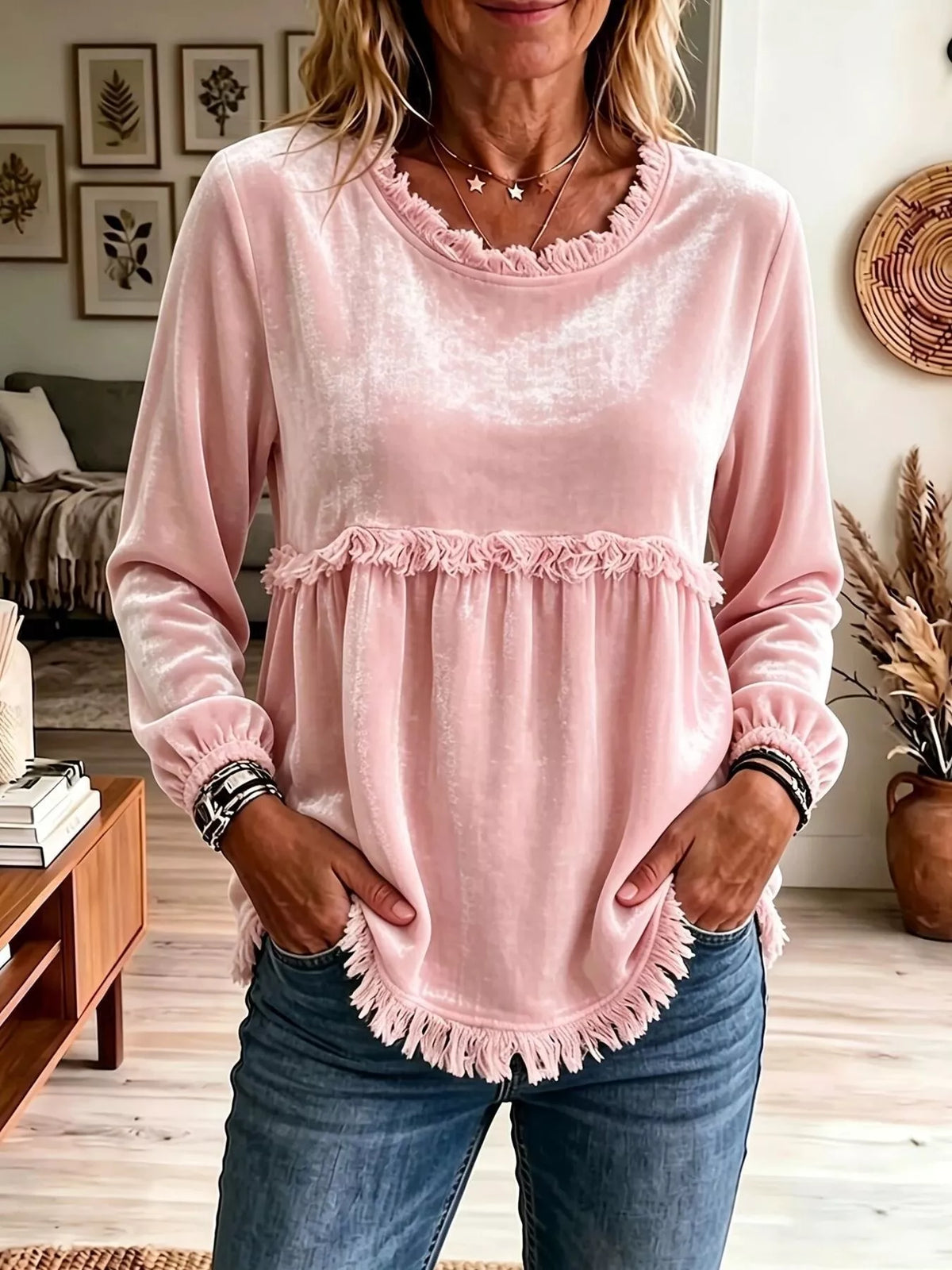 Fringed Hem Long Sleeve T-Shirt - WYNFLARE