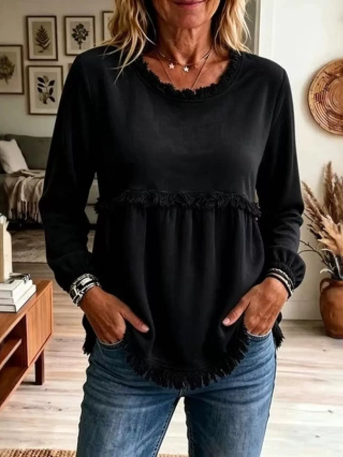 Fringed Hem Long Sleeve T-Shirt - WYNFLARE